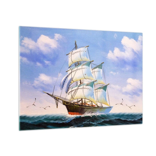 Glasbild - Bild auf glas - Ein Segelschiff auf hoher See unter blauem Himmel - 70x50cm - Mit Stolz mit dem Wind - Moderne Wanddekoration für Wohnzimmer und Schlafzimmer ARTTOR