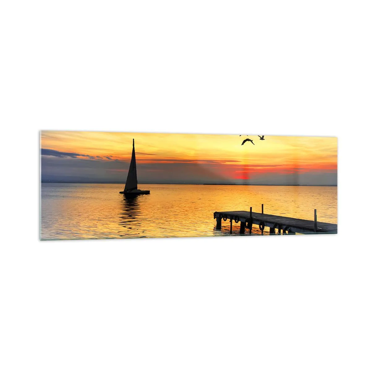 Glasbild - Bild auf glas - Sonnenuntergang mit einem Segelboot und Pier auf einem ruhigen See - 160x50cm - Abendrückkehr - Moderne Wanddekoration für Wohnzimmer und Schlafzimmer ARTTOR