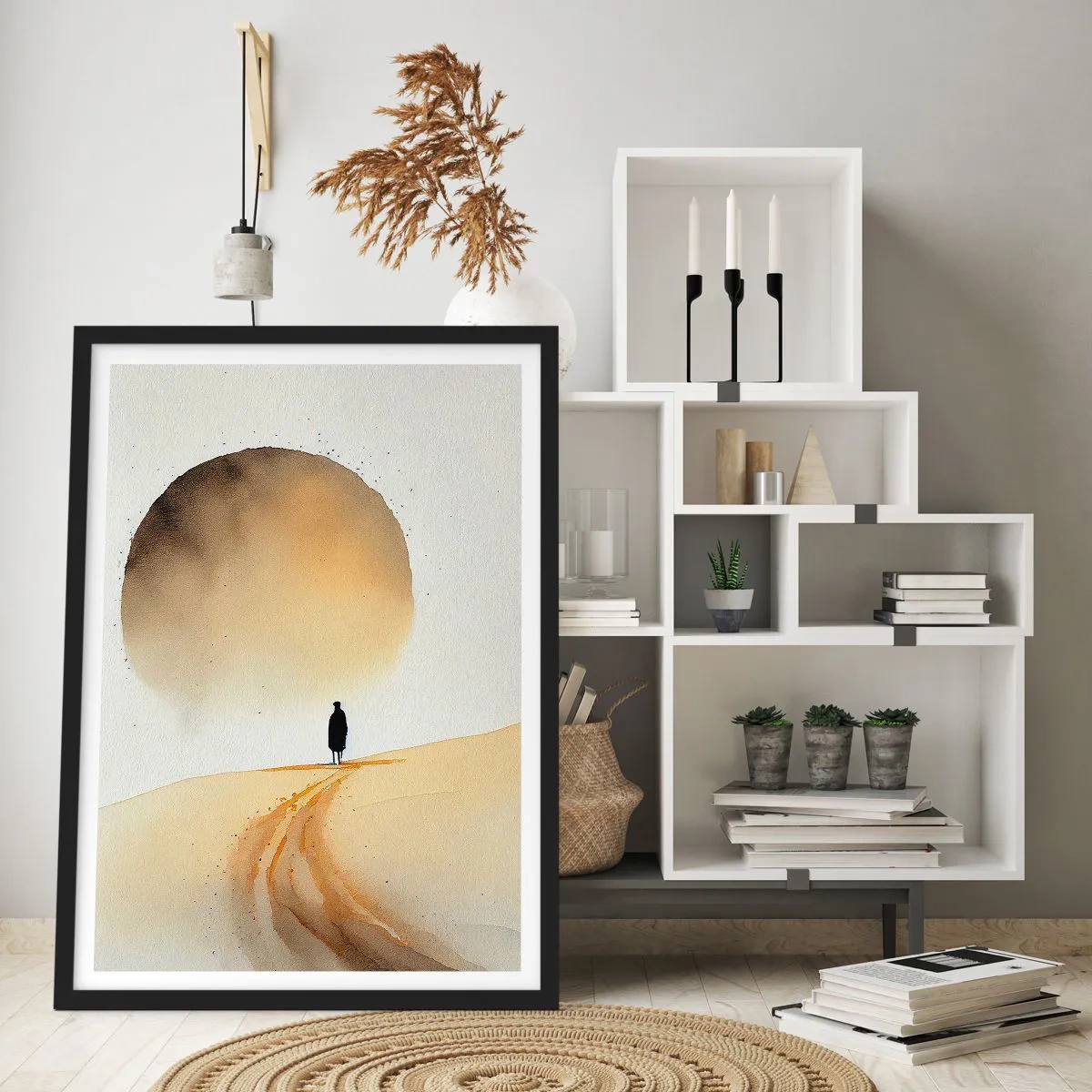 Poster in einem schwarzem Rahmen - Silhouette eines Reisenden auf einer Wüstenstraße - 50x70cm - Immer sehnsüchtig - Moderne Wanddekoration für Wohnzimmer und Schlafzimmer ARTTOR