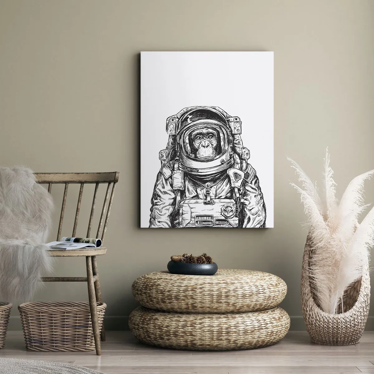 Bild auf Leinwand - Leinwandbild - Grafik eines Astronauten im Raumanzug mit Affenkopf - 50x70cm - Alternative Evolution - Moderne Wanddekoration für Wohnzimmer und Schlafzimmer ARTTOR