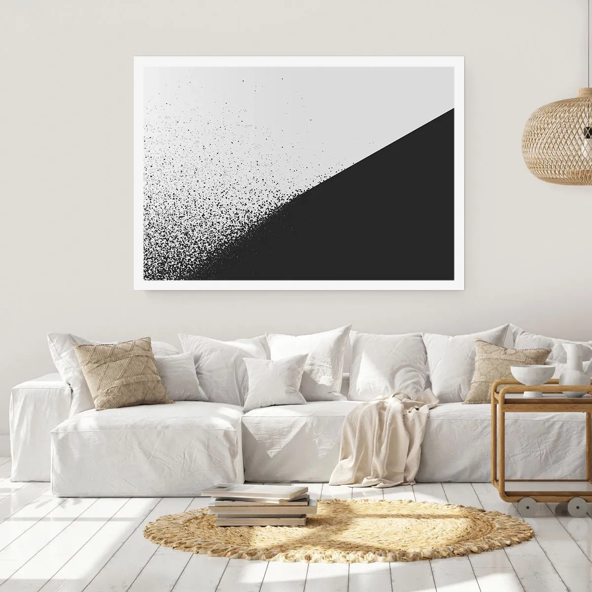 Poster - Minimalistische Abstraktion in Schwarz und Weiß mit verstreuten Punkten - 100x70cm - Immer schneller, immer mehr - Moderne Wanddekoration für Wohnzimmer und Schlafzimmer ARTTOR