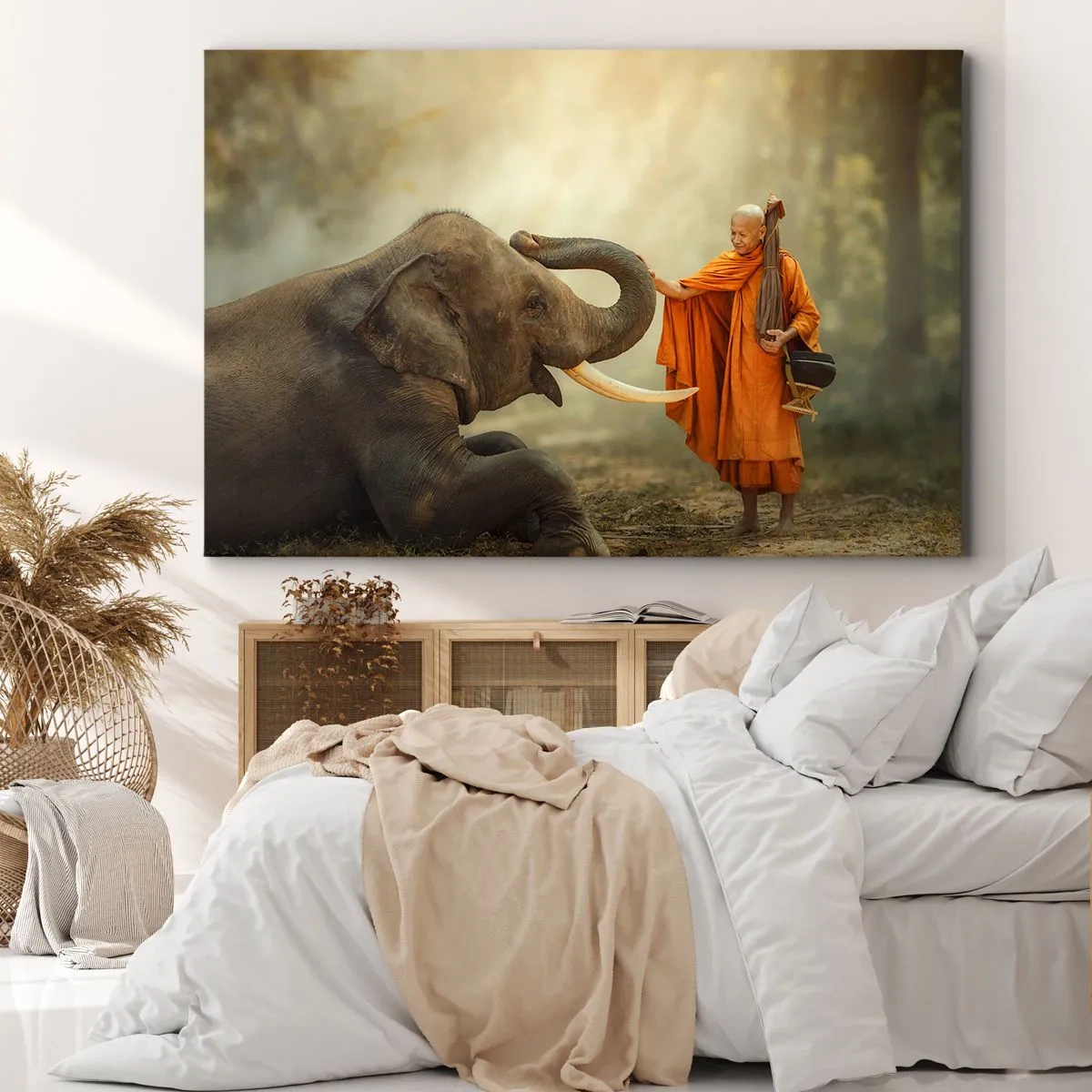 Bild auf Leinwand - Leinwandbild - Ein Mönch und ein Elefant in Harmonie vor der Kulisse der Natur - 120x80cm - Treffen unterwegs - Moderne Wanddekoration für Wohnzimmer und Schlafzimmer ARTTOR
