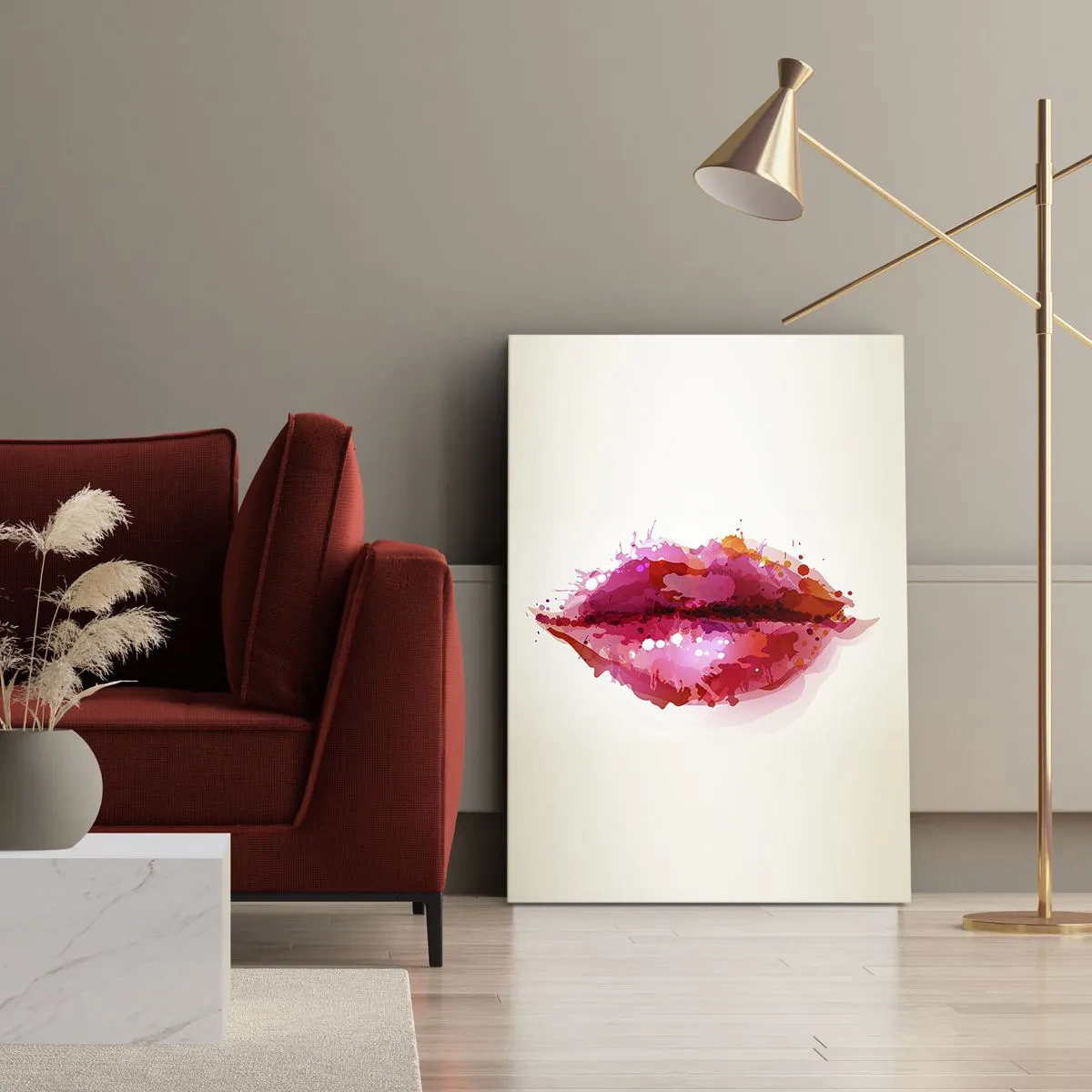 Bild auf Leinwand - Leinwandbild - Abstraktes Lippenmotiv in Rosa- und Rottönen - 50x70cm - Ein rötlicher Rotton - Moderne Wanddekoration für Wohnzimmer und Schlafzimmer ARTTOR
