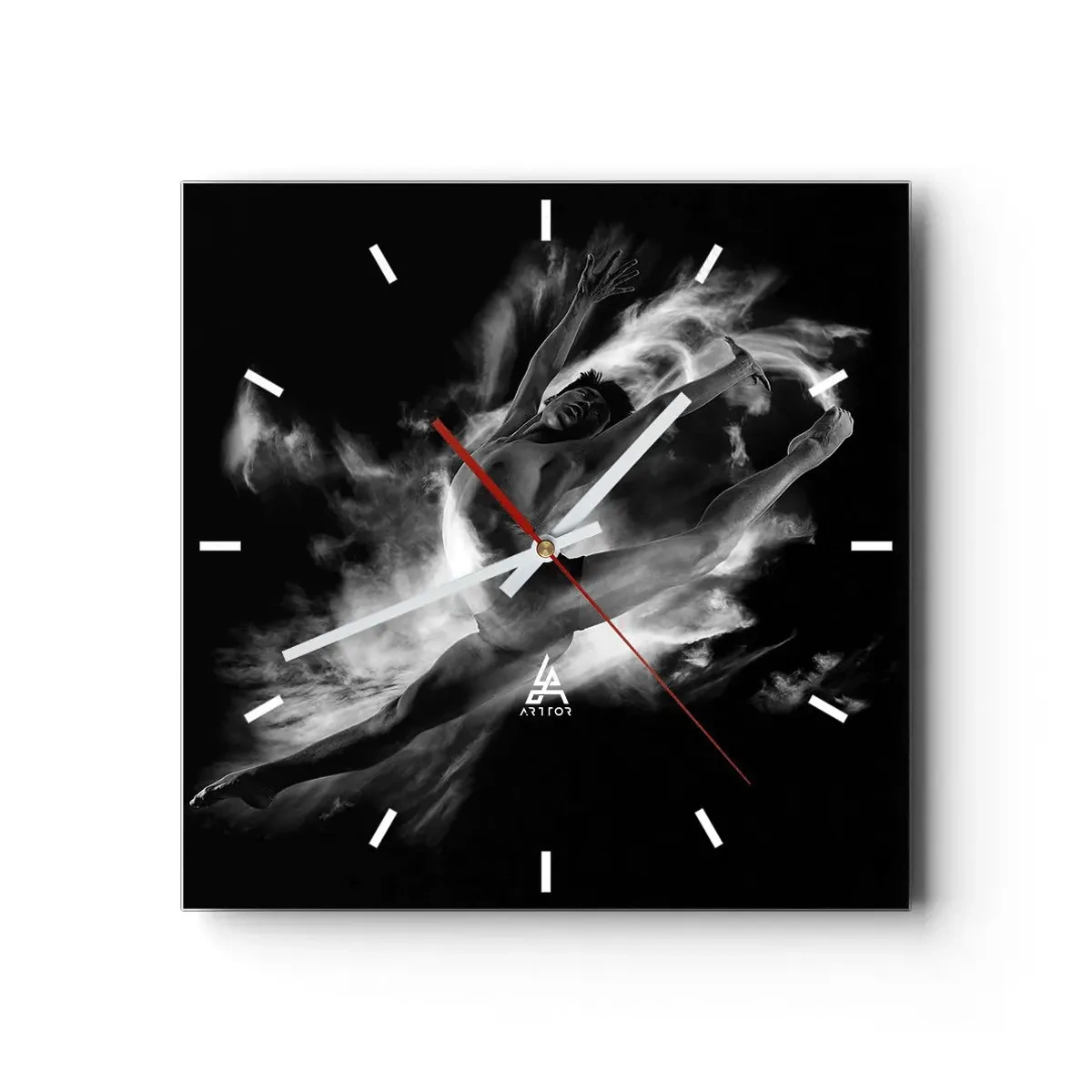 Wanduhr - Glasuhr - Eine Tänzerin in dynamischer Pose vor schwarzem Hintergrund - 30x30cm - Im Flug hängen geblieben - Moderne Wanddekoration für Wohnzimmer und Schlafzimmer ARTTOR