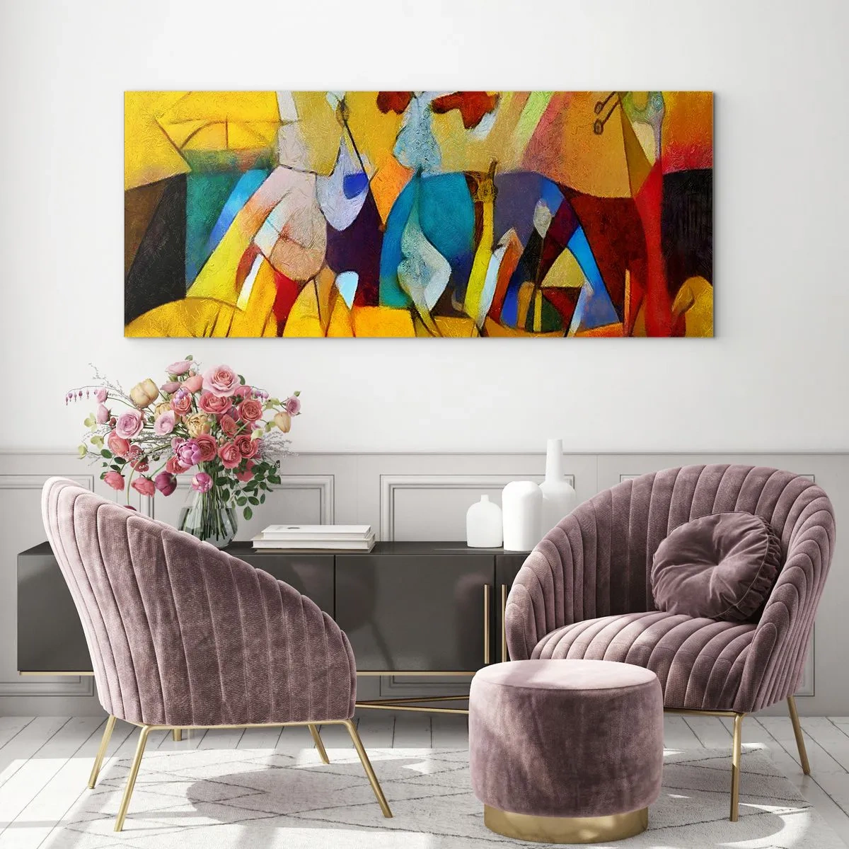 Glasbild - Bild auf glas - Eine farbenfrohe Abstraktion, die Figuren in geometrischer Form darstellt - 160x50cm - Sonne - Leben - Freude - Moderne Wanddekoration für Wohnzimmer und Schlafzimmer ARTTOR