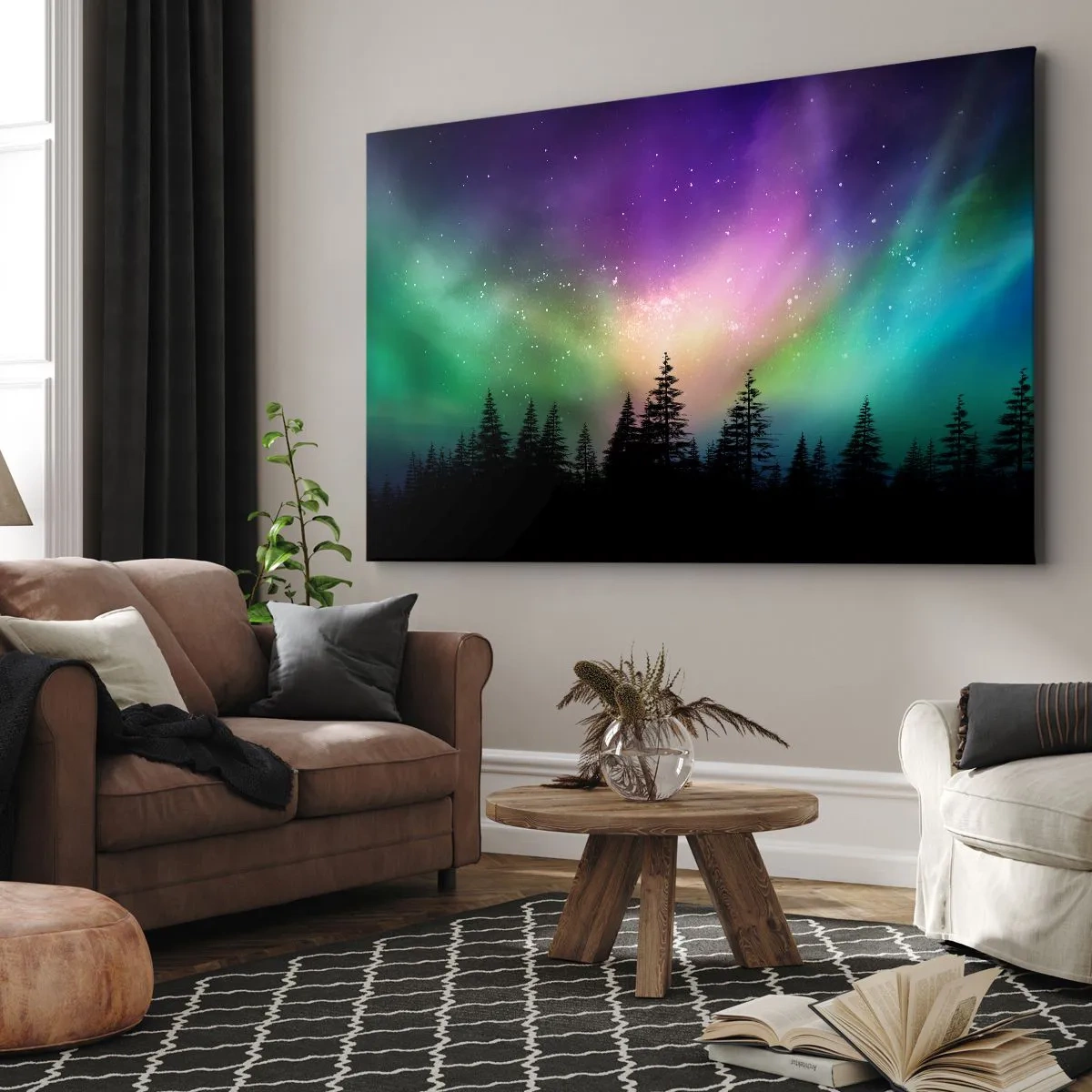 Bild auf Leinwand - Leinwandbild - Aurora Borealis über einem Wald mit Sternenhimmel - 100x70cm - weiße Magie - Moderne Wanddekoration für Wohnzimmer und Schlafzimmer ARTTOR