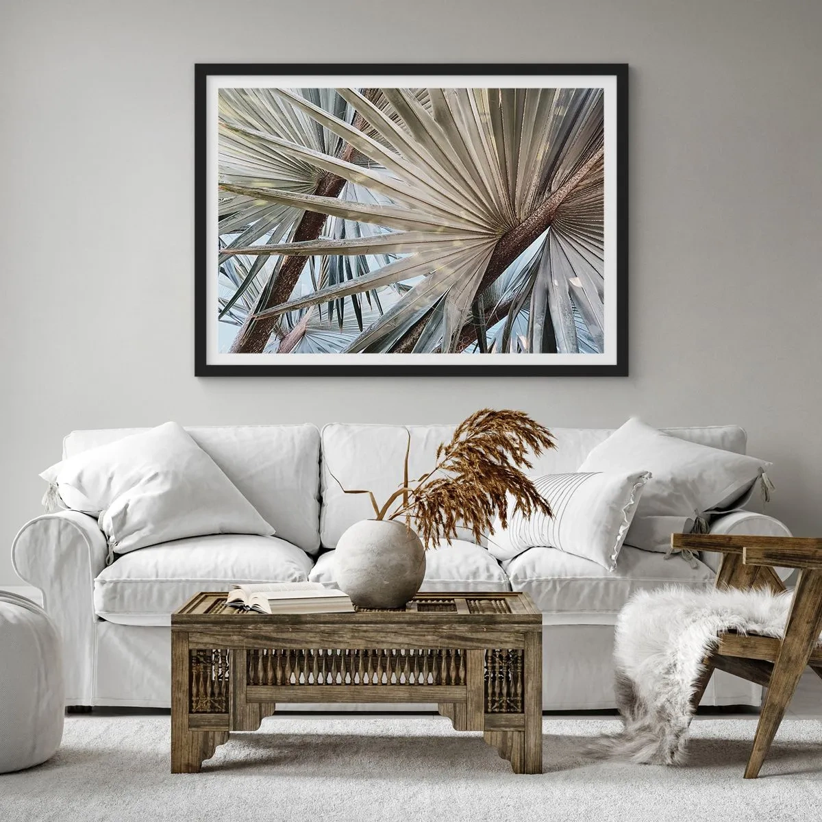 Poster in einem schwarzem Rahmen - Nahaufnahme von Palmblättern in natürlichen Grüntönen - 70x50cm - Fans in den Tropen - Moderne Wanddekoration für Wohnzimmer und Schlafzimmer ARTTOR