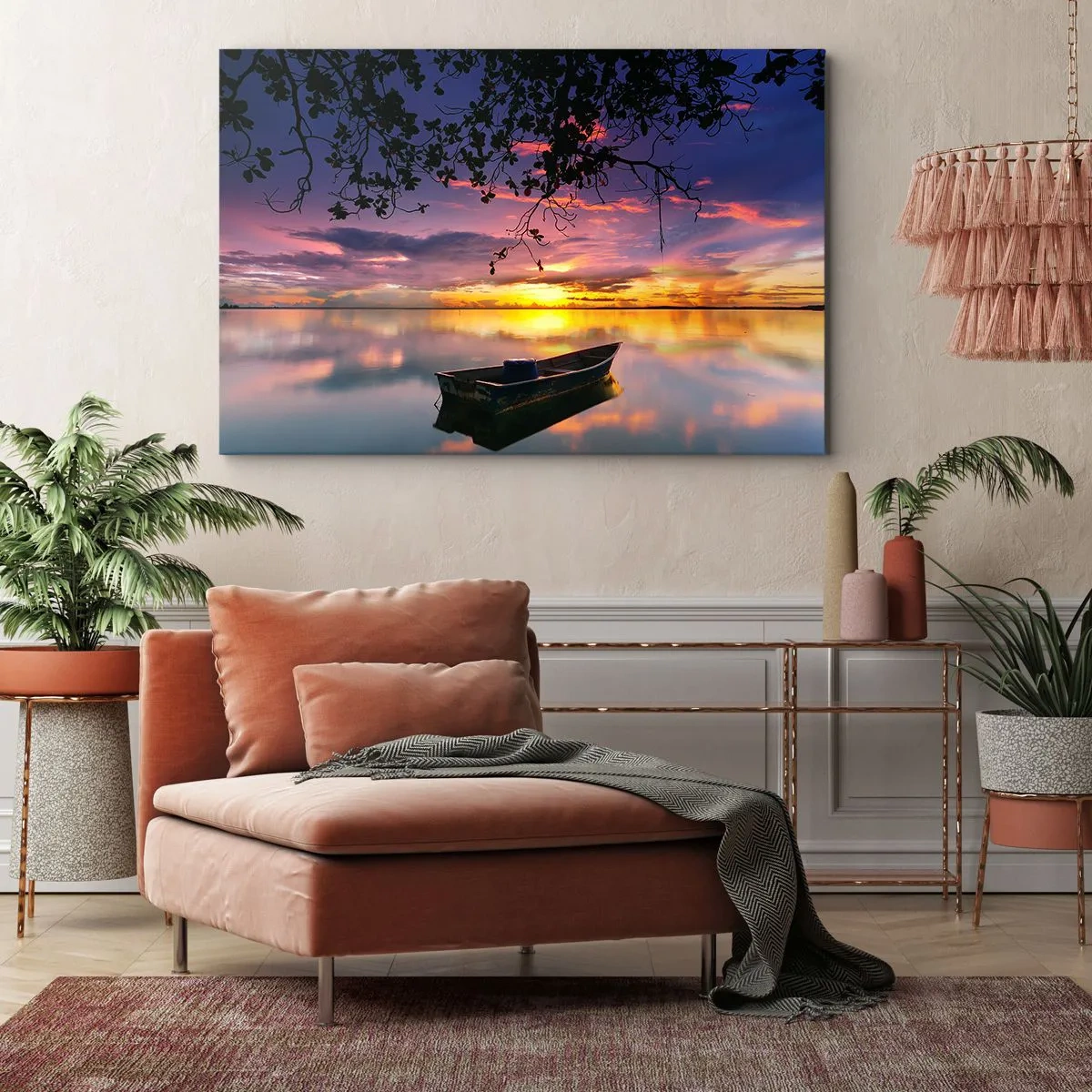 Bild auf Leinwand - Leinwandbild - Ein Boot auf ruhigem Wasser bei Sonnenuntergang - 70x50cm - Du scheinst mitten am Himmel zu hängen... - Moderne Wanddekoration für Wohnzimmer und Schlafzimmer ARTTOR