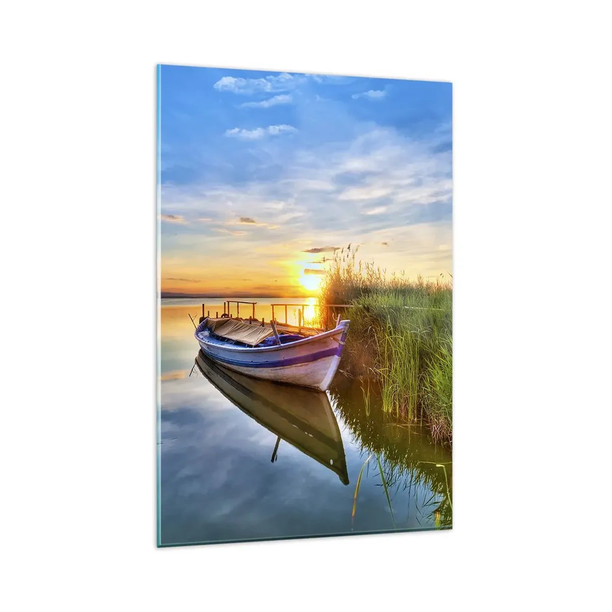 Glasbild - Bild auf glas - Ein Boot in einer ruhigen Bucht bei Sonnenuntergang - 80x120cm - Bucht erfüllter Träume - Moderne Wanddekoration für Wohnzimmer und Schlafzimmer ARTTOR