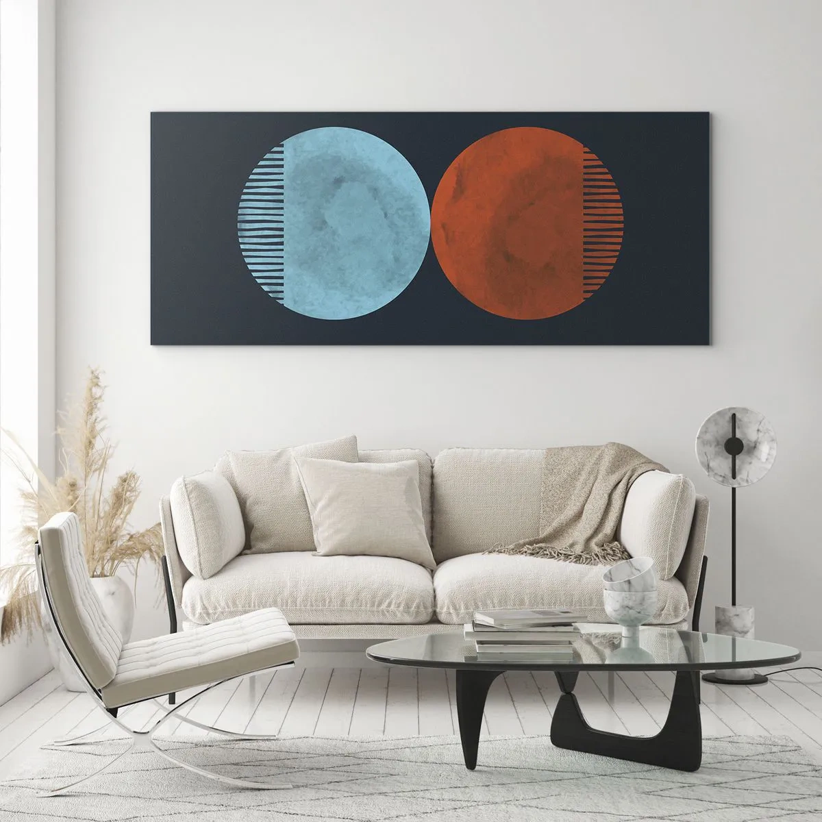 Glasbild - Bild auf glas - Minimalistisches Zweirad-Design in Blau und Orange - 120x50cm - Nur Geometrie? - Moderne Wanddekoration für Wohnzimmer und Schlafzimmer ARTTOR