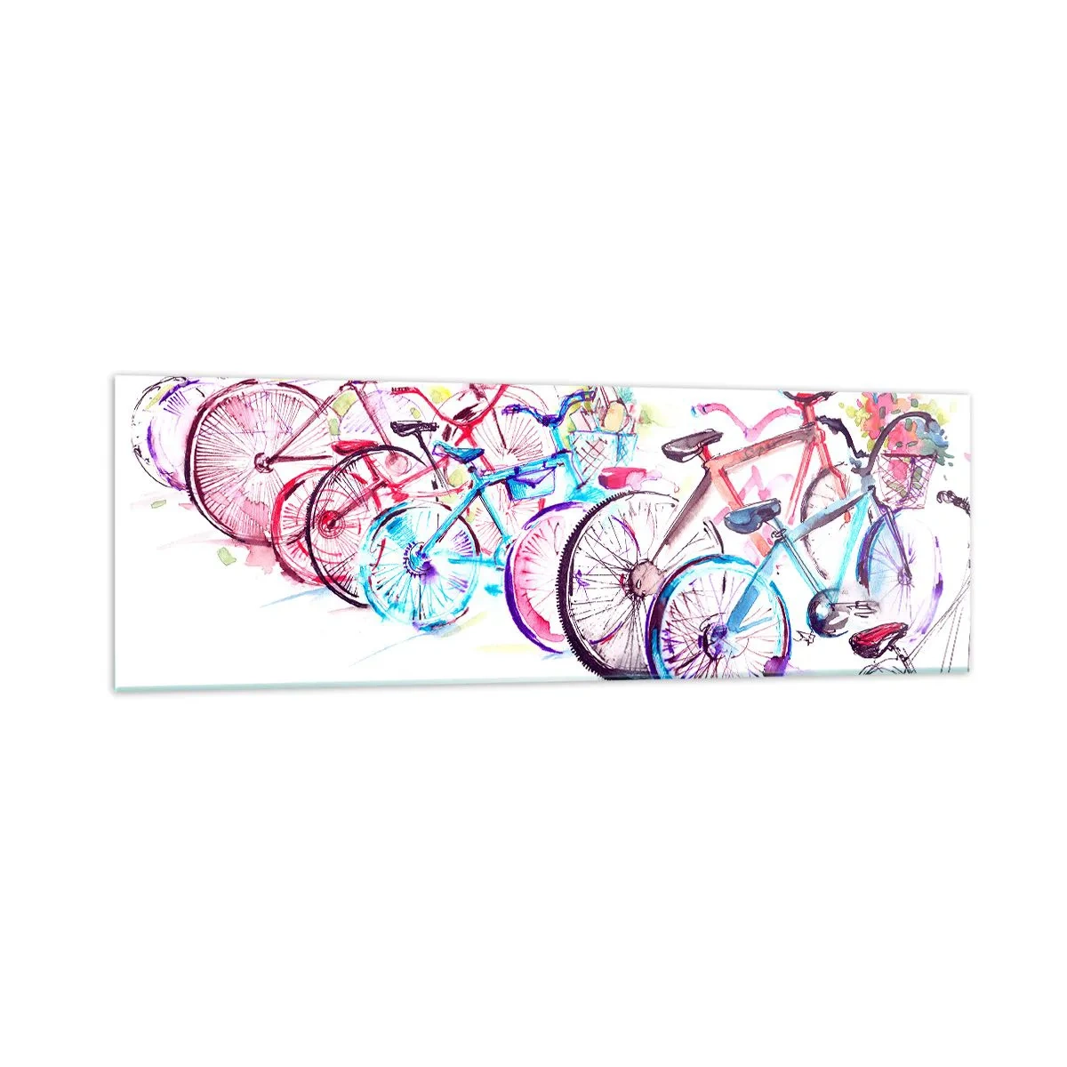 Glasbild - Bild auf glas - Bunte Fahrräder im künstlerischen Aquarell-Stil - 160x50cm - Kongress des Antimoto-Clubs - Moderne Wanddekoration für Wohnzimmer und Schlafzimmer ARTTOR