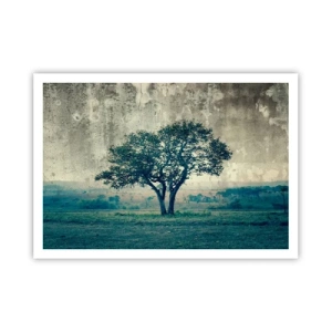 Poster - Ein einsamer Baum vor einer nebligen Landschaft - 100x70cm - Ein Apfelbaum auf blauem Feld? - Moderne Wanddekoration für Wohnzimmer und Schlafzimmer ARTTOR