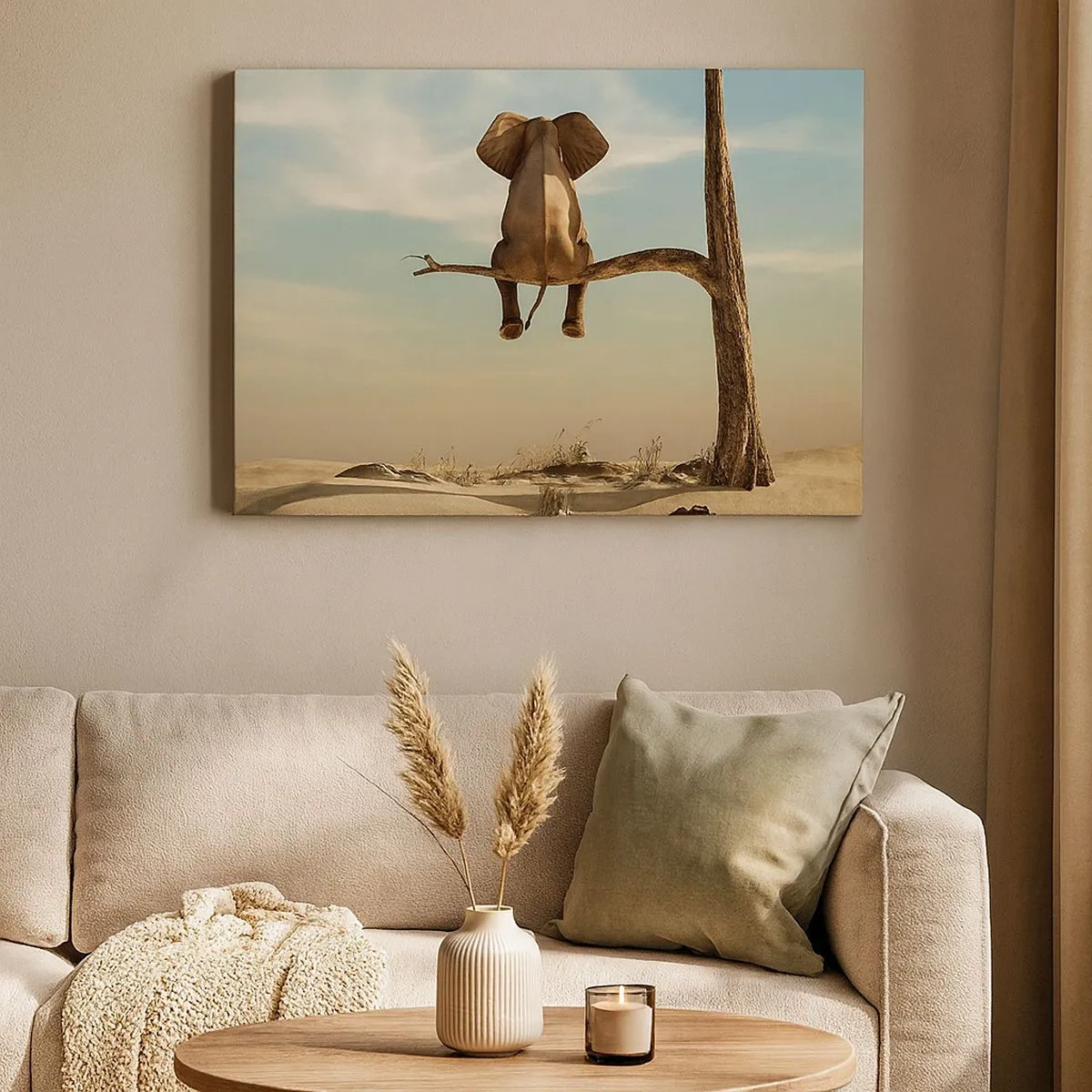 Bild auf Leinwand - Leinwandbild - Ein Elefant sitzt auf einem Ast und blickt auf eine Wüstenlandschaft - 70x50cm - Neuer Blickwinkel - Moderne Wanddekoration für Wohnzimmer und Schlafzimmer ARTTOR