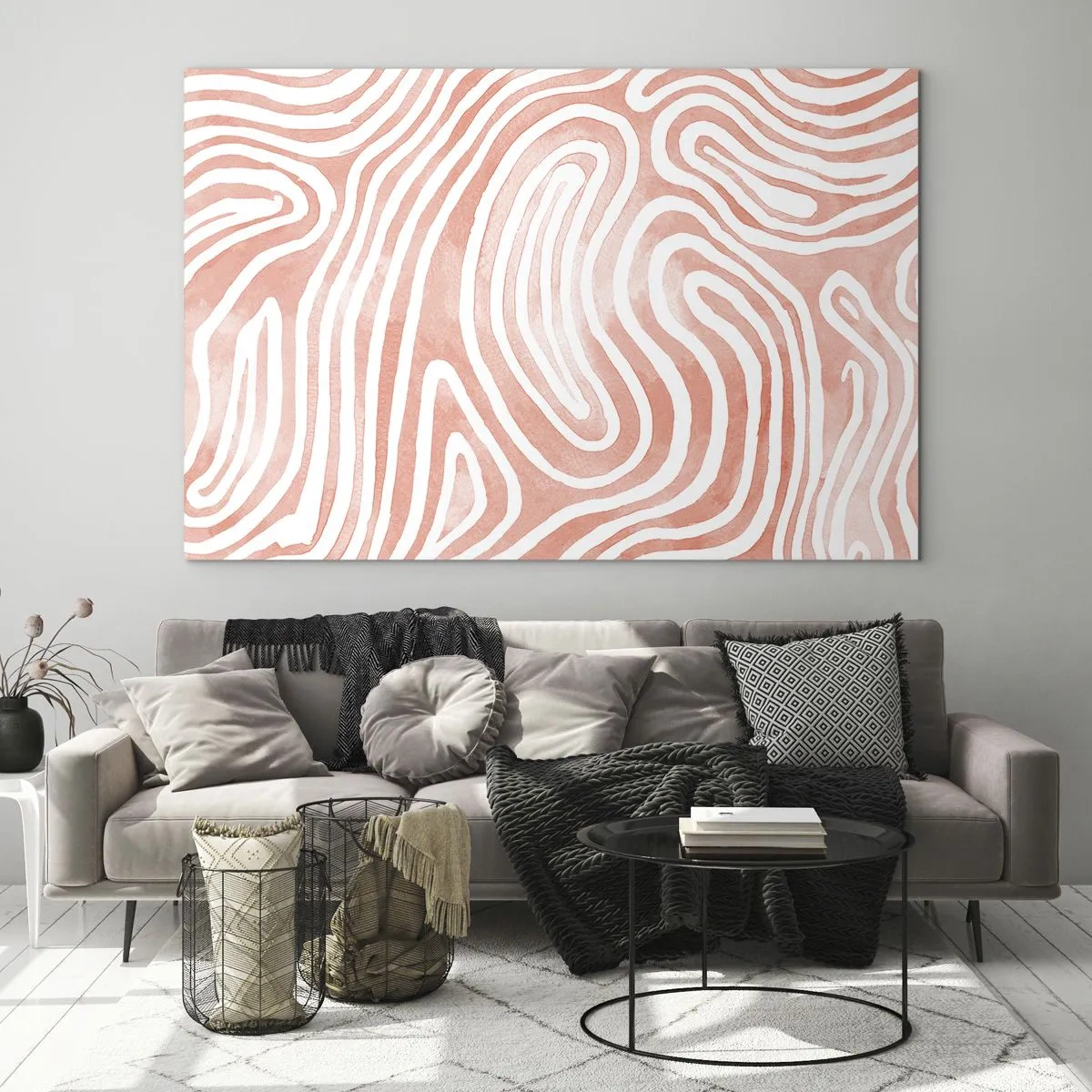 Glasbild - Bild auf glas - Abstraktes Muster in Weiß- und Korallentönen - 70x50cm - Im Korallenlabyrinth - Moderne Wanddekoration für Wohnzimmer und Schlafzimmer ARTTOR