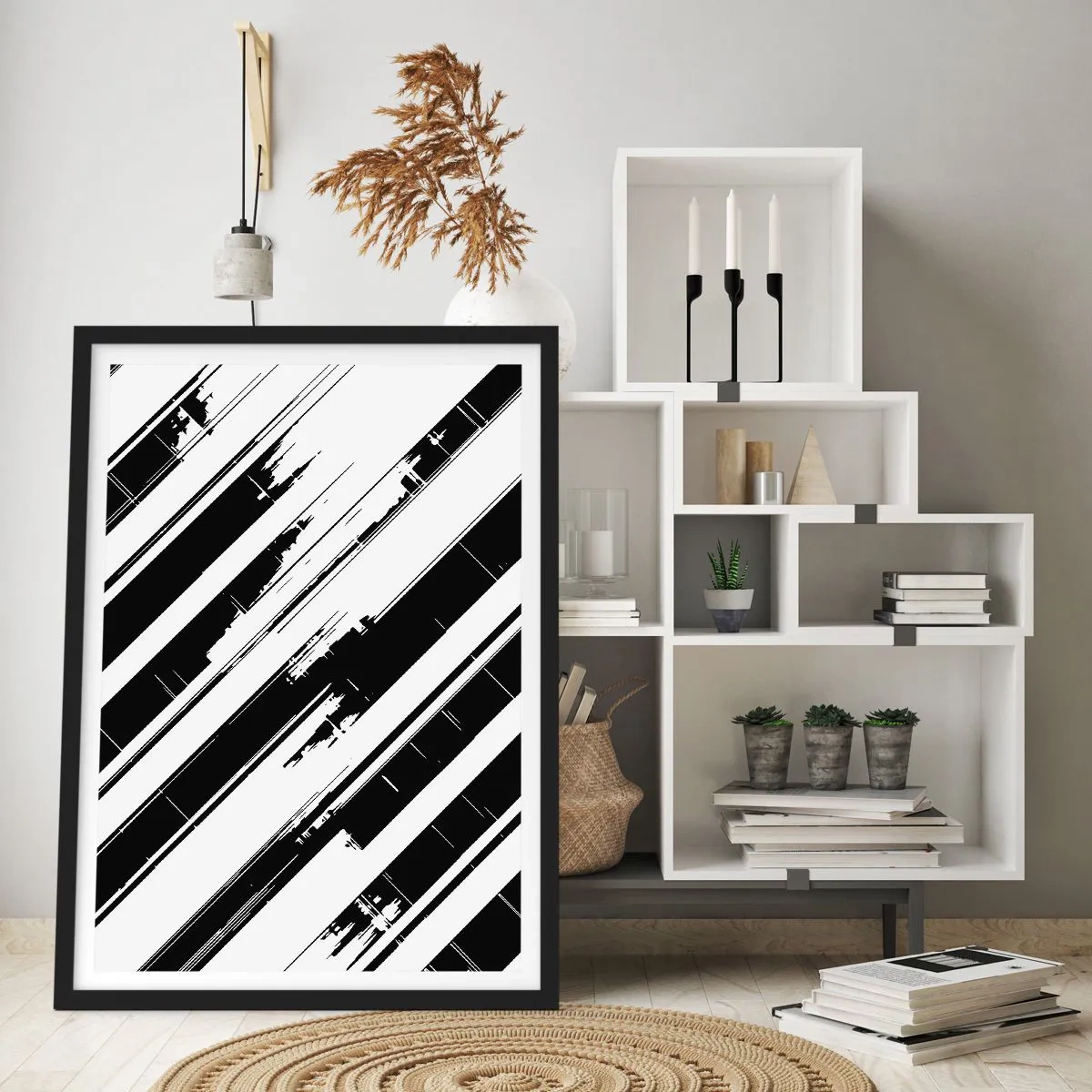 Poster in einem schwarzem Rahmen - Minimalistische Schwarz-Weiß-Abstraktion mit geometrischen Linien - 50x70cm - Eine intensive und dynamische Komposition - Moderne Wanddekoration für Wohnzimmer und Schlafzimmer ARTTOR