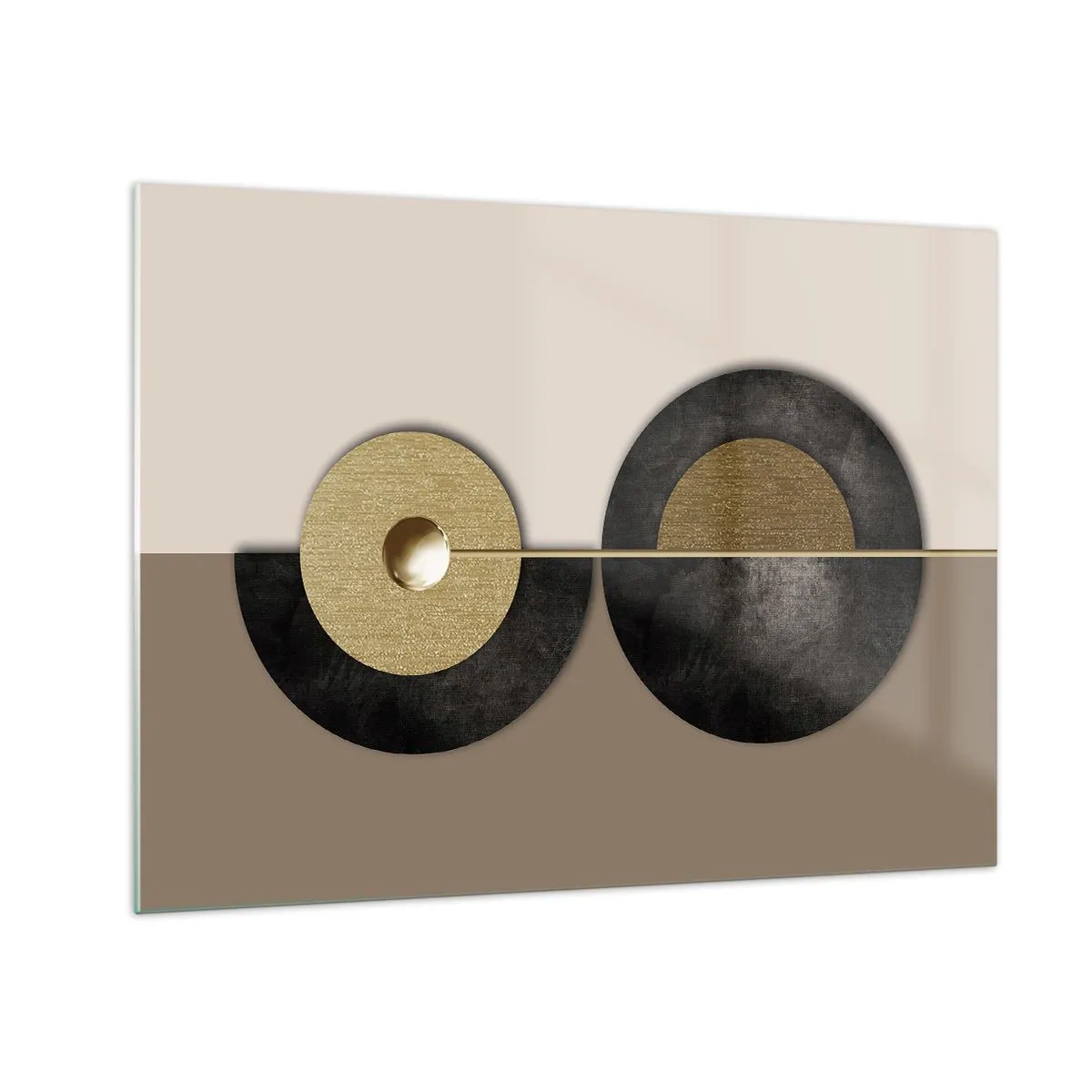 Glasbild - Bild auf glas - Geometrische Kreise in Gold und Schwarz auf beigem Hintergrund - 70x50cm - Variationen rund um den Kreis - Moderne Wanddekoration für Wohnzimmer und Schlafzimmer ARTTOR