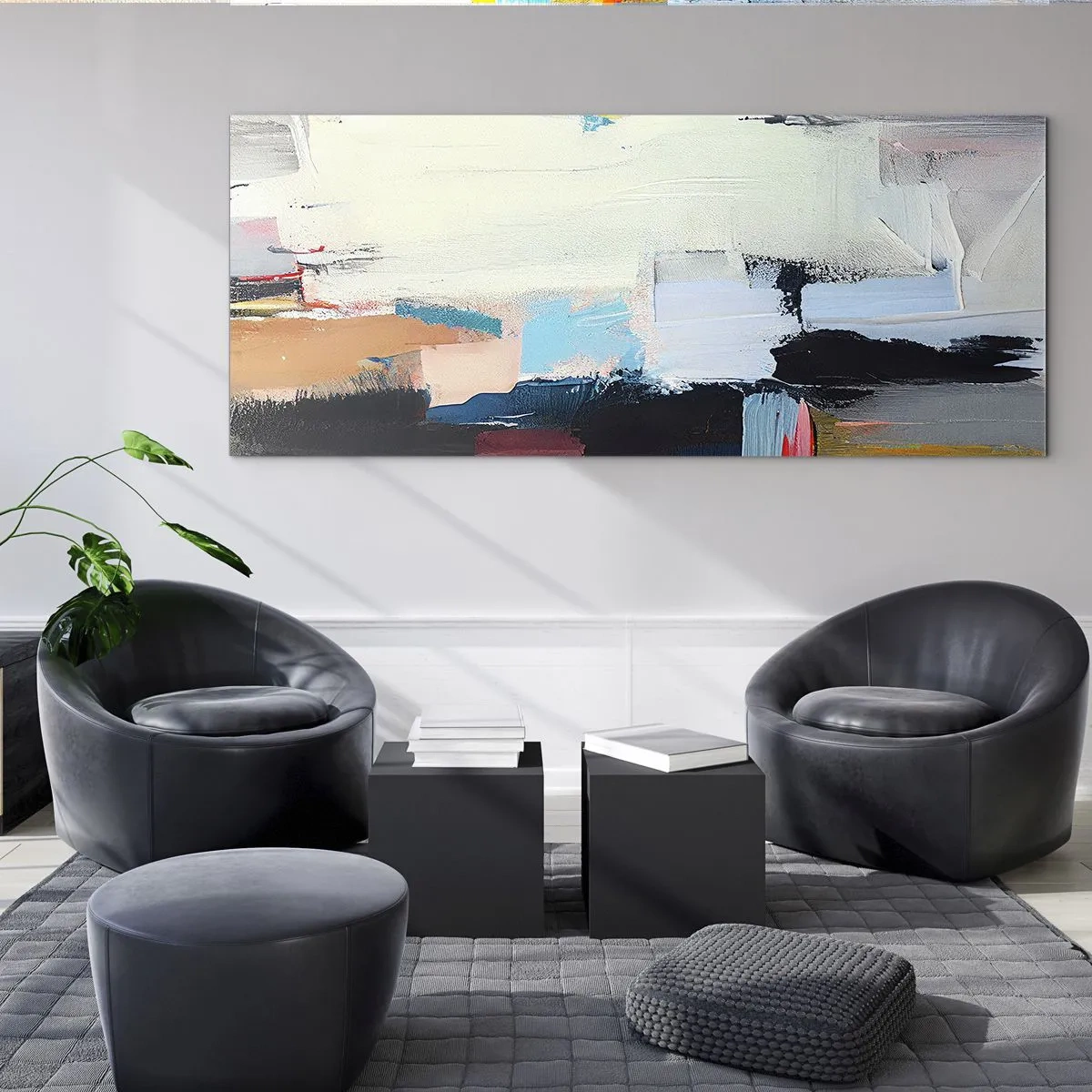 Glasbild - Bild auf glas - Farbenfrohe Abstraktion mit dynamischen Pinselstrichen - 140x50cm - Gibt es eine Methode? - Moderne Wanddekoration für Wohnzimmer und Schlafzimmer ARTTOR