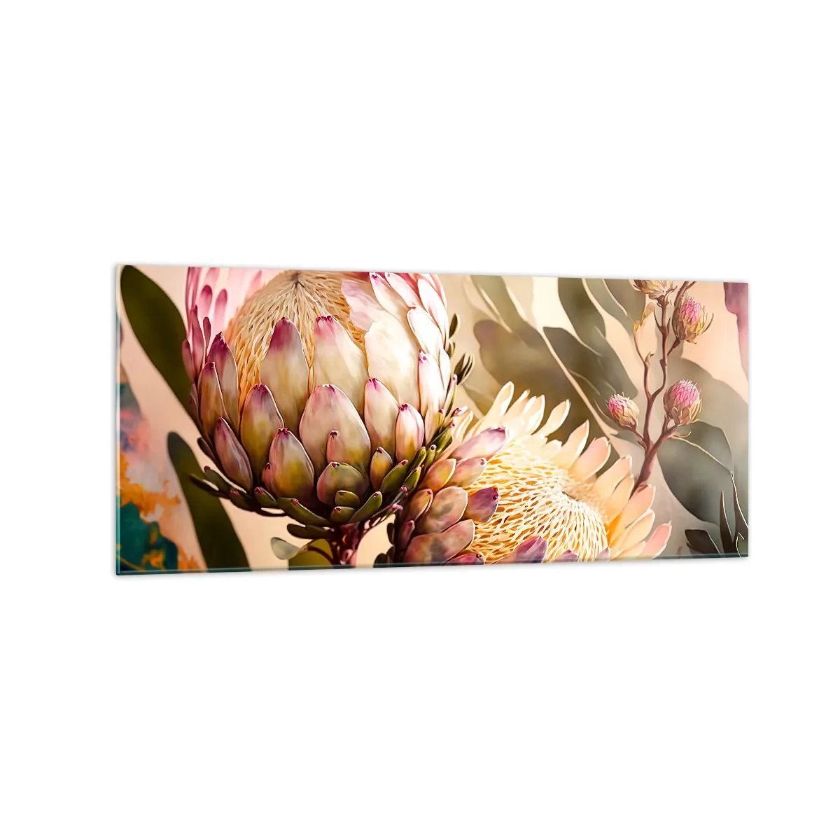 Glasbild - Bild auf glas - Bunte Protea-Blüten auf zartem Hintergrund - 120x50cm - Zärtlich umarmt - Moderne Wanddekoration für Wohnzimmer und Schlafzimmer ARTTOR