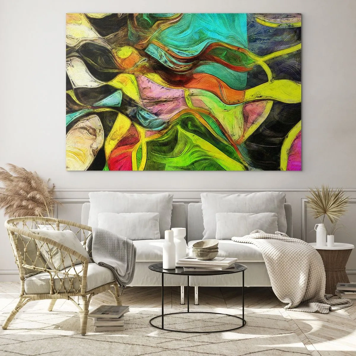 Glasbild - Bild auf glas - Eine abstrakte Komposition mit intensiven, mehrfarbigen Wellen. - 70x50cm - Bewegung ist Leben - Moderne Wanddekoration für Wohnzimmer und Schlafzimmer ARTTOR