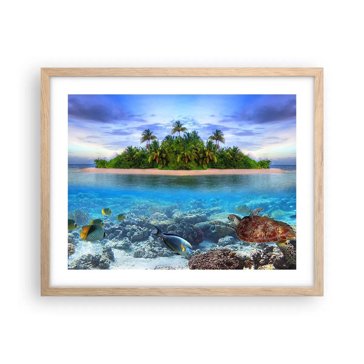 Poster in einem Rahmen aus heller Eiche - Heavenly Island lädt dich ein - 50x40 cm