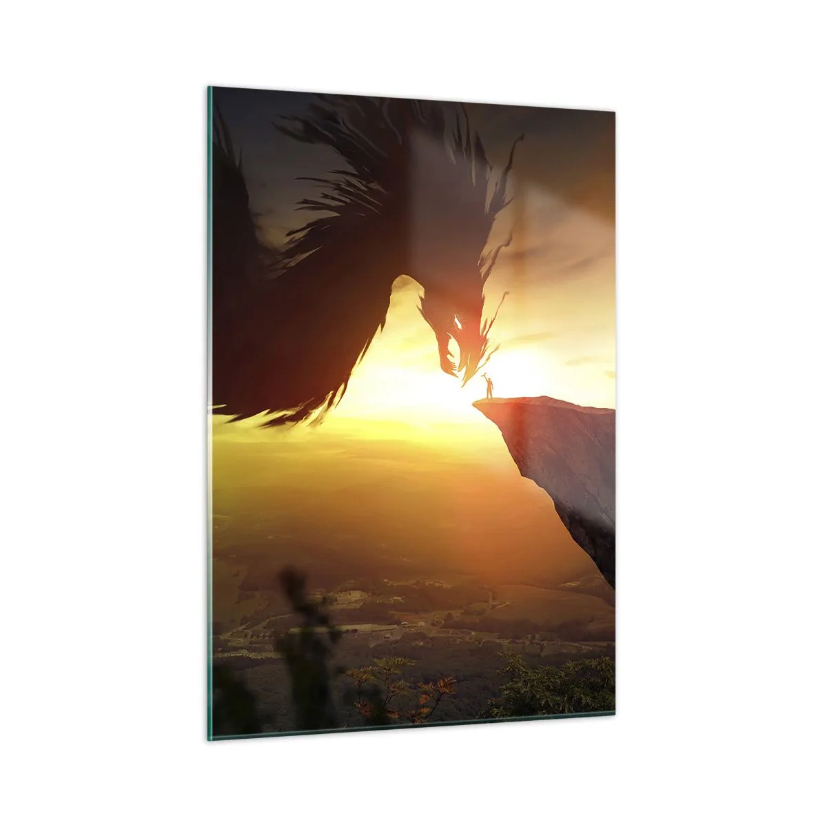 Glasbild - Bild auf glas - Ein Drache im Schein der untergehenden Sonne über einer Klippe - 50x70cm - Drachentöter - Moderne Wanddekoration für Wohnzimmer und Schlafzimmer ARTTOR