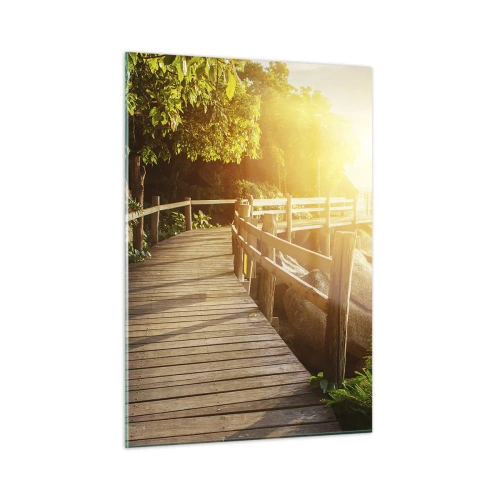 Glasbild - Bild auf glas - Ein Holzweg zwischen den Bäumen am Meer im Licht des Sonnenuntergangs - 50x70cm - Noch eine Wendung, ein weiteres Wunder - Moderne Wanddekoration für Wohnzimmer und Schlafzimmer ARTTOR