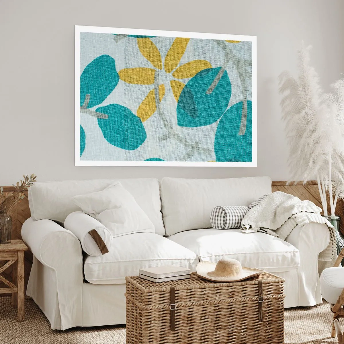 Poster - Blätter in Türkis- und Gelbtönen auf hellem Hintergrund - 100x70cm - Unter den azurblauen Blättern - Moderne Wanddekoration für Wohnzimmer und Schlafzimmer ARTTOR