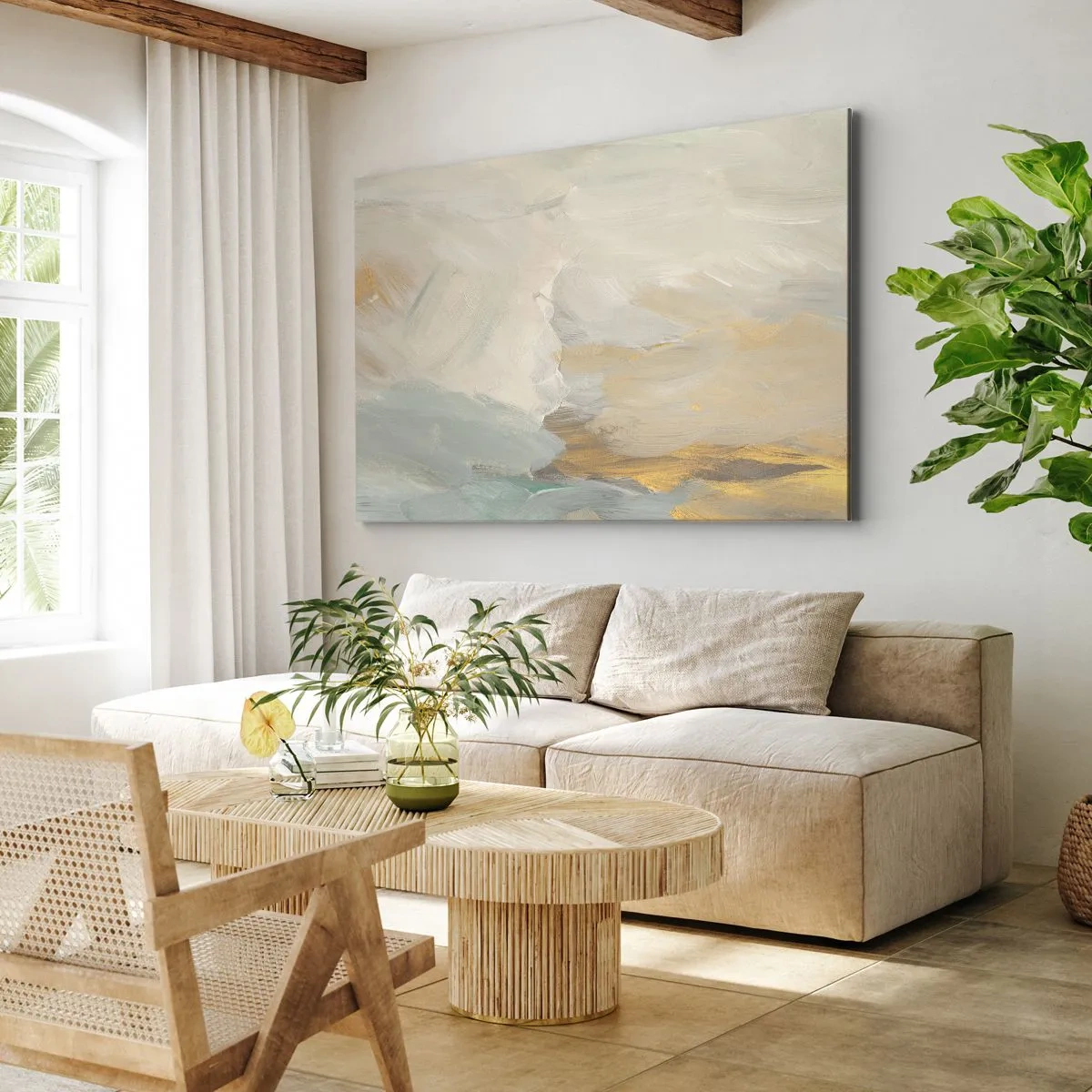 Bild auf Leinwand - Leinwandbild - Zarte abstrakte Striche in Weiß- und Goldtönen - 120x80cm - Abstraktion – das Land der Sanftheit - Moderne Wanddekoration für Wohnzimmer und Schlafzimmer ARTTOR