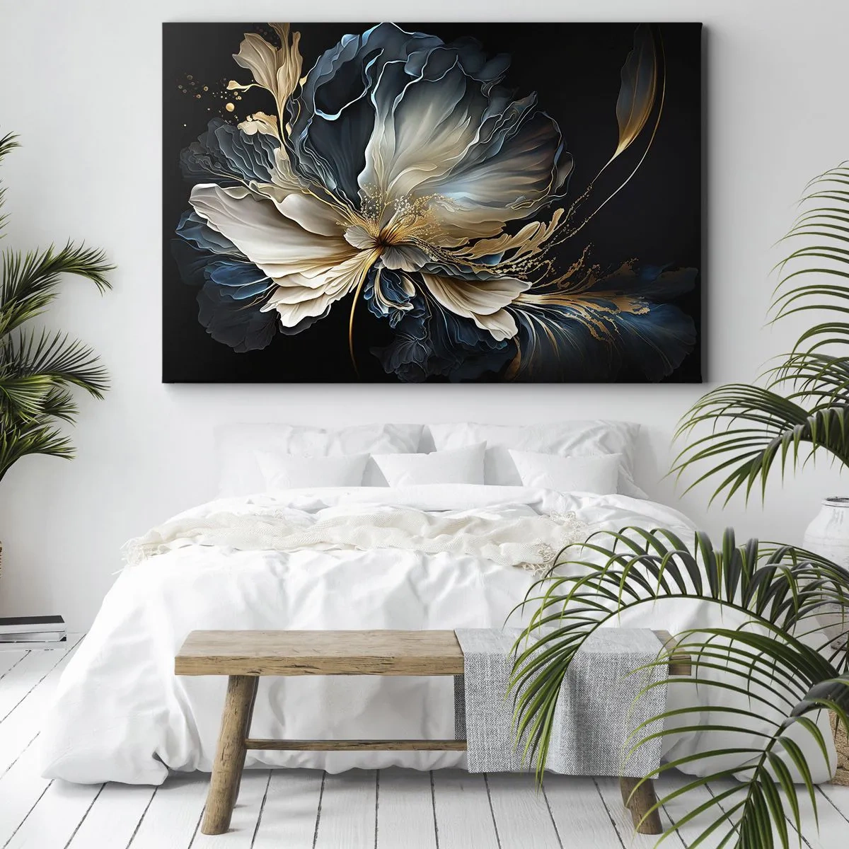 Bild auf Leinwand - Leinwandbild - Eine Blume in Gold- und Marineblautönen auf schwarzem Hintergrund - 70x50cm - Märchenhafte Farnblume - Moderne Wanddekoration für Wohnzimmer und Schlafzimmer ARTTOR