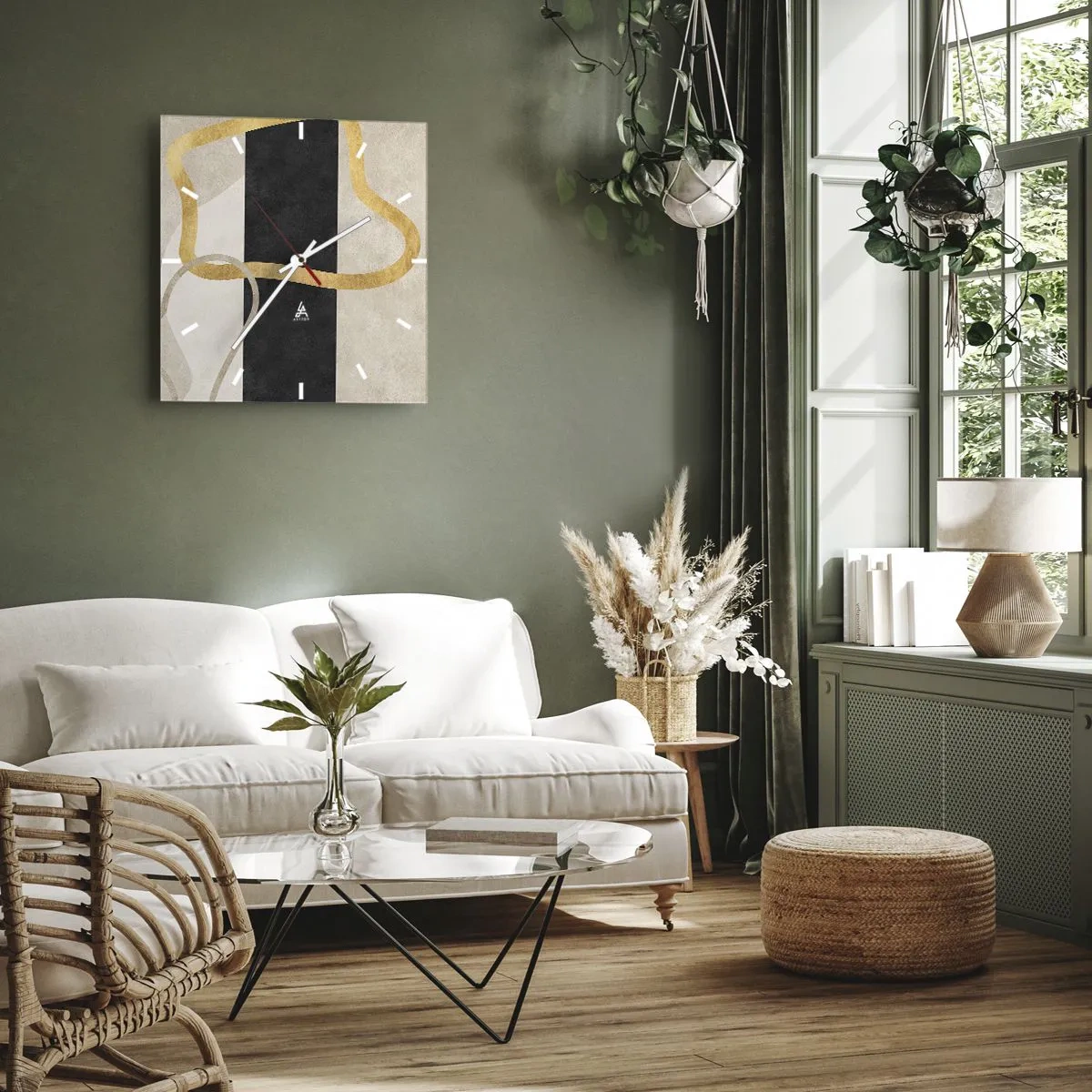 Wanduhr - Glasuhr - Ein minimalistisches Design mit geschwungenen Formen in Gold und Schwarz. - 30x30cm - Schleifenformen - Moderne Wanddekoration für Wohnzimmer und Schlafzimmer ARTTOR