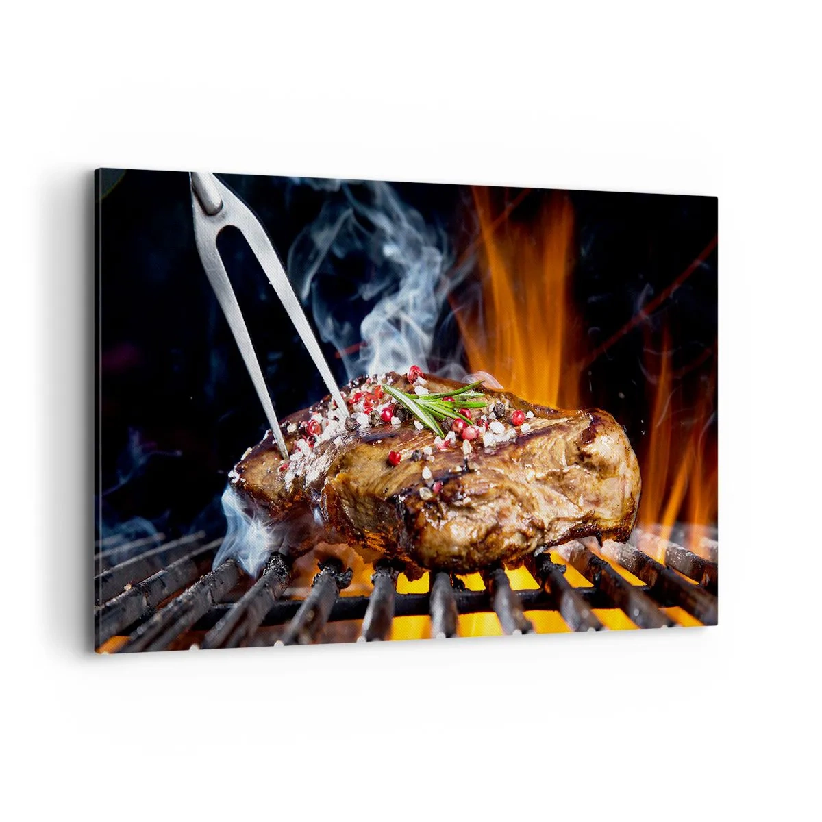 Bild auf Leinwand - Leinwandbild - Gegrilltes Steak auf einem Grill mit Gewürzen - 120x80cm - Saftig und duftend - Moderne Wanddekoration für Wohnzimmer und Schlafzimmer ARTTOR