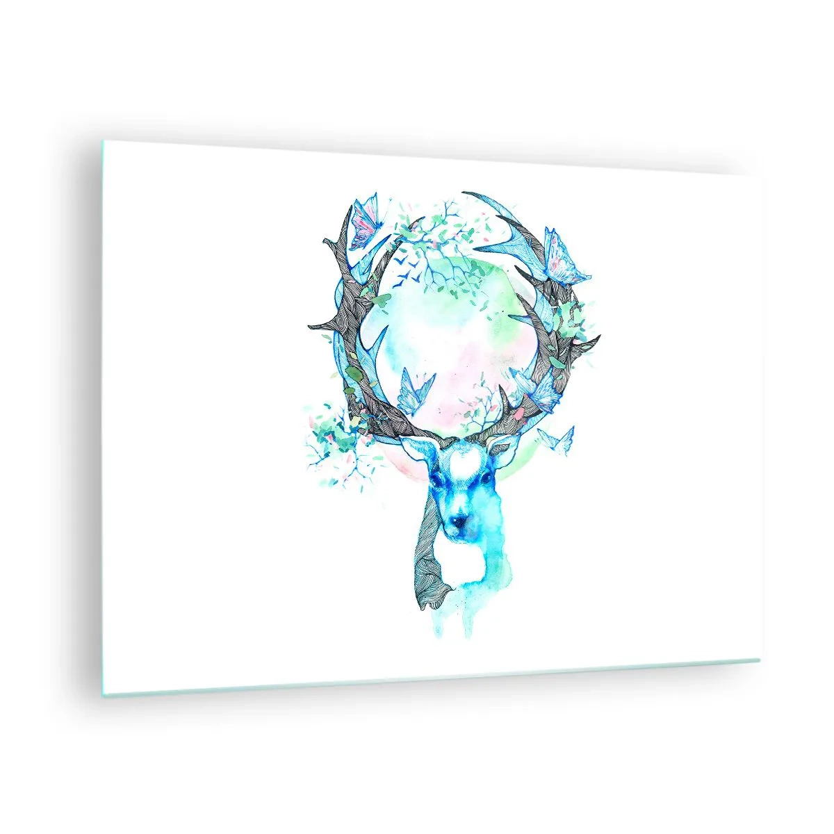 Glasbild - Bild auf glas - Illustration eines Hirsches mit Schmetterlingen auf seinem Geweih - 70x50cm - Die Kraft und Feinheit der Natur - Moderne Wanddekoration für Wohnzimmer und Schlafzimmer ARTTOR