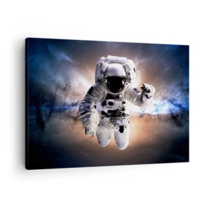 Bild auf Leinwand - Leinwandbild - Astronaut im Weltraum - 70x50cm - Grüße aus dem Weltall - Moderne Wanddekoration für Wohnzimmer und Schlafzimmer ARTTOR