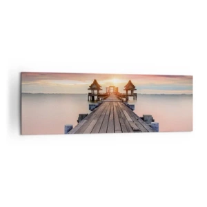 Bild auf Leinwand - Leinwandbild - Holzsteg führt zu Pavillons bei Sonnenuntergang - 160x50cm - Westen im Osten - Moderne Wanddekoration für Wohnzimmer und Schlafzimmer ARTTOR