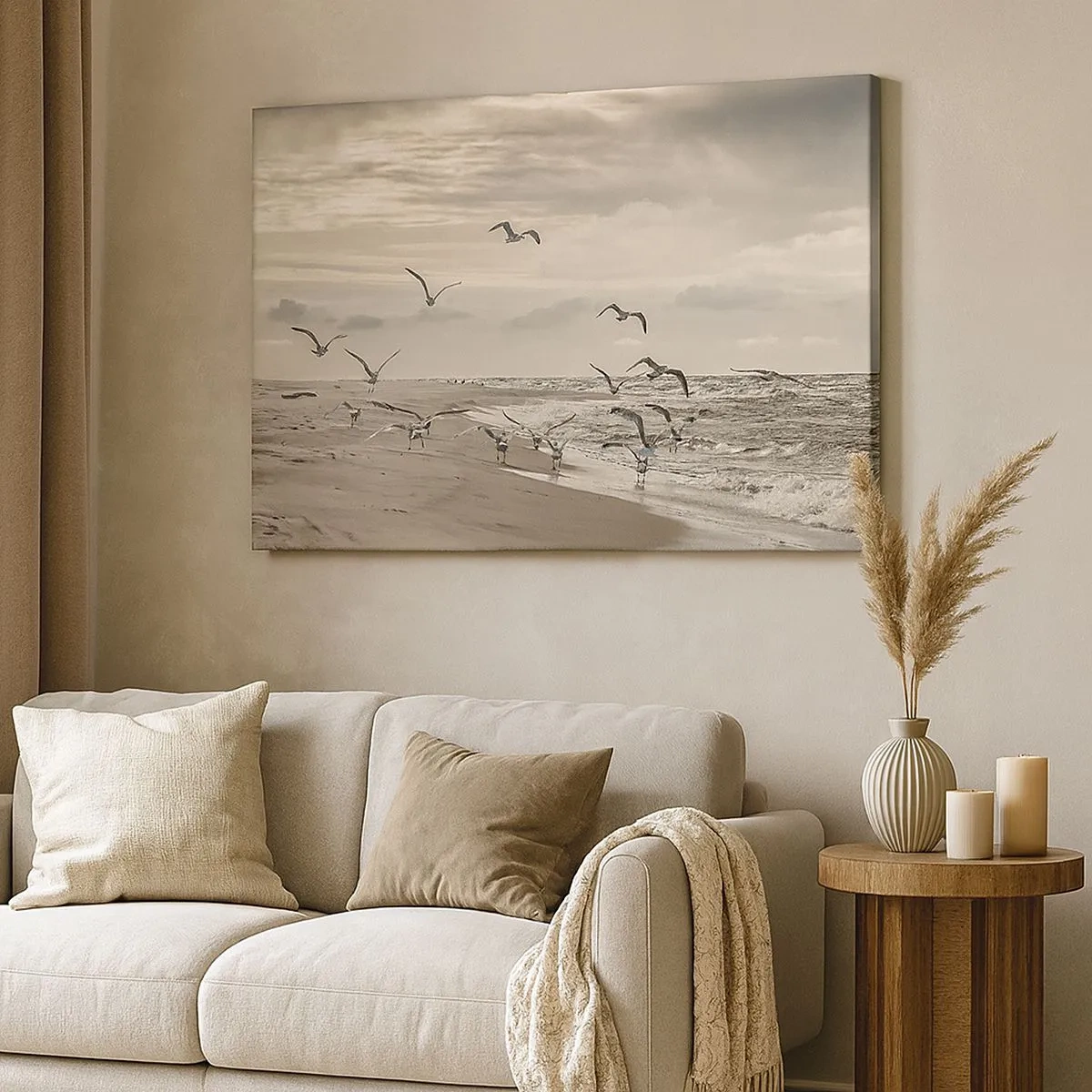 Bild auf Leinwand - Leinwandbild - Eine Möwe im Flug über einer Küstenlandschaft - 70x50cm - Meeresrauschen, Vogelgesang - Moderne Wanddekoration für Wohnzimmer und Schlafzimmer ARTTOR