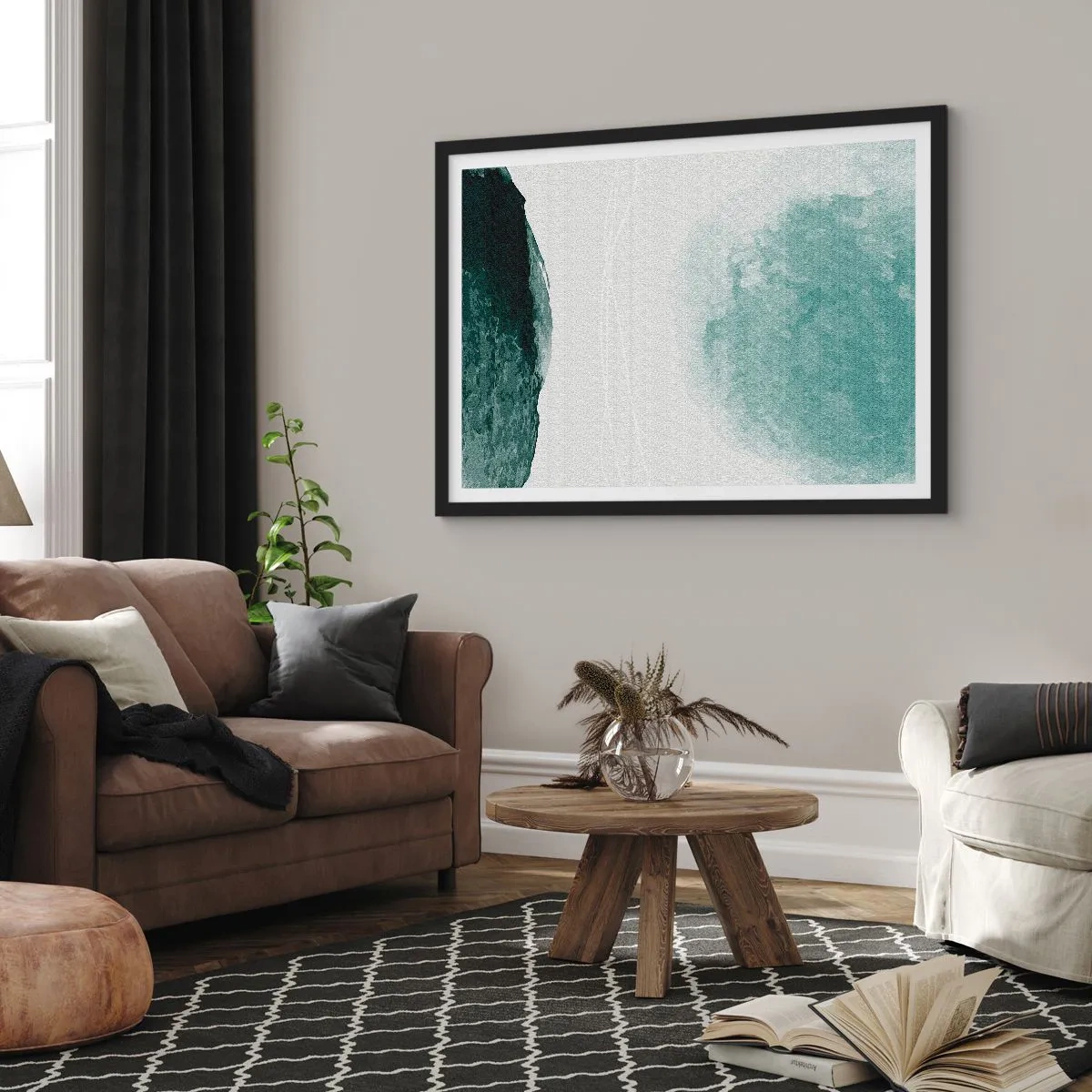 Poster in einem schwarzem Rahmen - Eine zarte abstrakte Komposition in Grüntönen mit subtilen Formen auf hellem Hintergrund. - 70x50cm - Begegnung mit Nebel - Moderne Wanddekoration für Wohnzimmer und Schlafzimmer ARTTOR