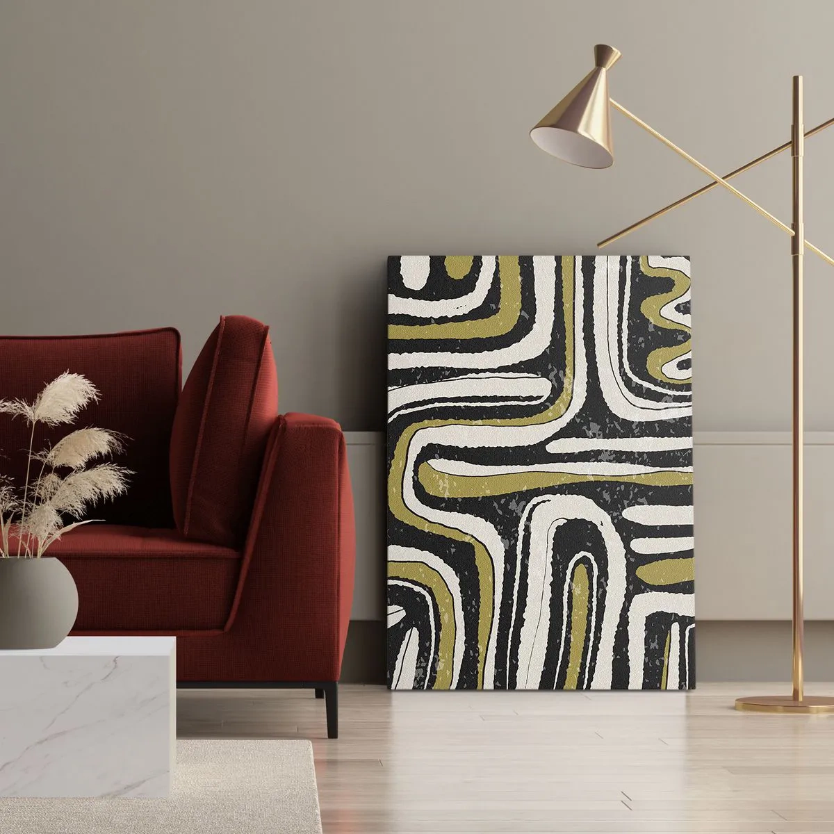Bild auf Leinwand - Leinwandbild - Abstraktes Muster in Schwarz, Weiß und Gold - 80x120cm - Komposition: Straßen und Gassen - Moderne Wanddekoration für Wohnzimmer und Schlafzimmer ARTTOR