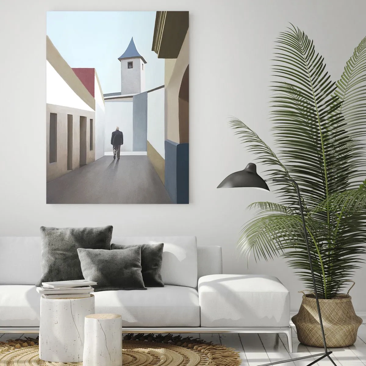Glasbild - Bild auf glas - Eine minimalistische Straße mit der Silhouette eines Mannes im Hintergrund - 70x100cm - Sonniger Spaziergang - Moderne Wanddekoration für Wohnzimmer und Schlafzimmer ARTTOR