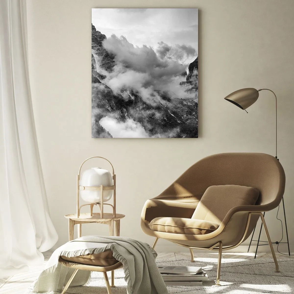 Glasbild - Bild auf glas - Schwarz-weiße Berge mit Nebel in den Tälern - 50x70cm - Schön und grausam - Moderne Wanddekoration für Wohnzimmer und Schlafzimmer ARTTOR