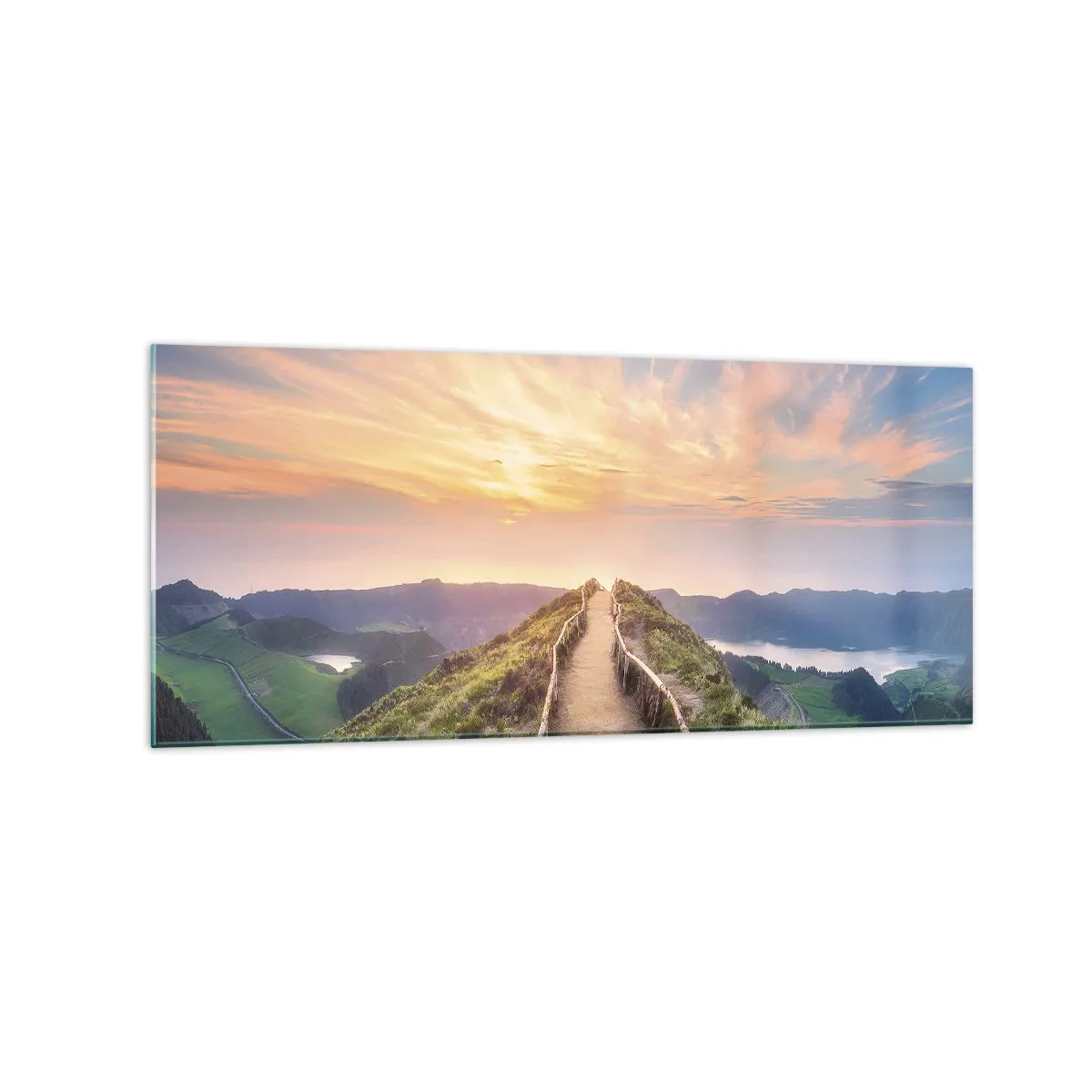 Glasbild - Bild auf glas - Ein malerischer Weg auf einem Hügel mit Blick auf den Sonnenuntergang - 120x50cm - Nah am Himmel - Moderne Wanddekoration für Wohnzimmer und Schlafzimmer ARTTOR