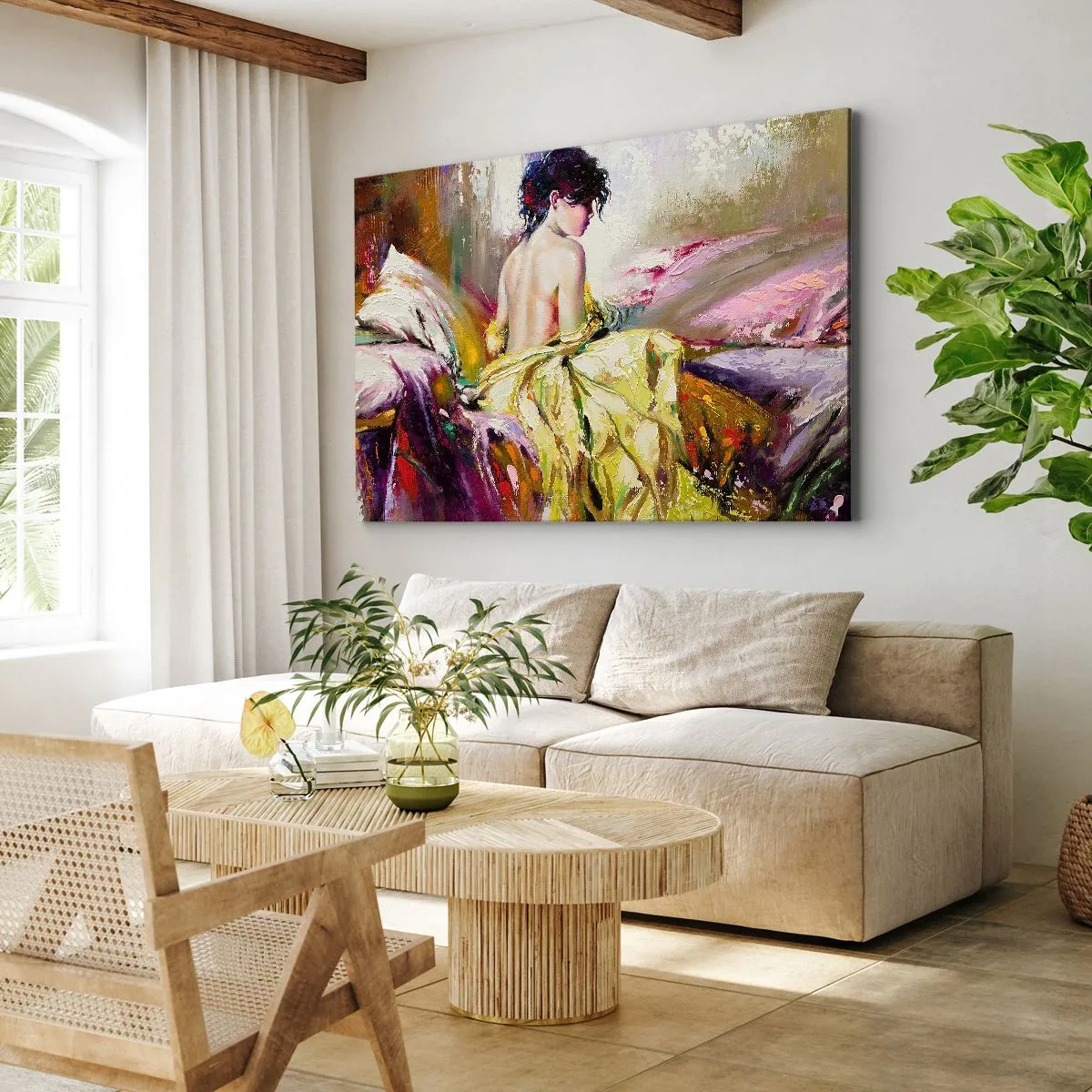 Bild auf Leinwand - Leinwandbild - Eine malerische Szene einer Frau auf einem Bett in romantischer Atmosphäre - 70x50cm - Zwischen den Lippen und dem Rand der Tasse - Moderne Wanddekoration für Wohnzimmer und Schlafzimmer ARTTOR