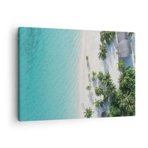 Bild auf Leinwand - Leinwandbild - Eine Vogelperspektive auf einen tropischen Strand mit türkisfarbenem Wasser und Palmen - 70x50cm - Urlaub im Paradies - Moderne Wanddekoration für Wohnzimmer und Schlafzimmer ARTTOR