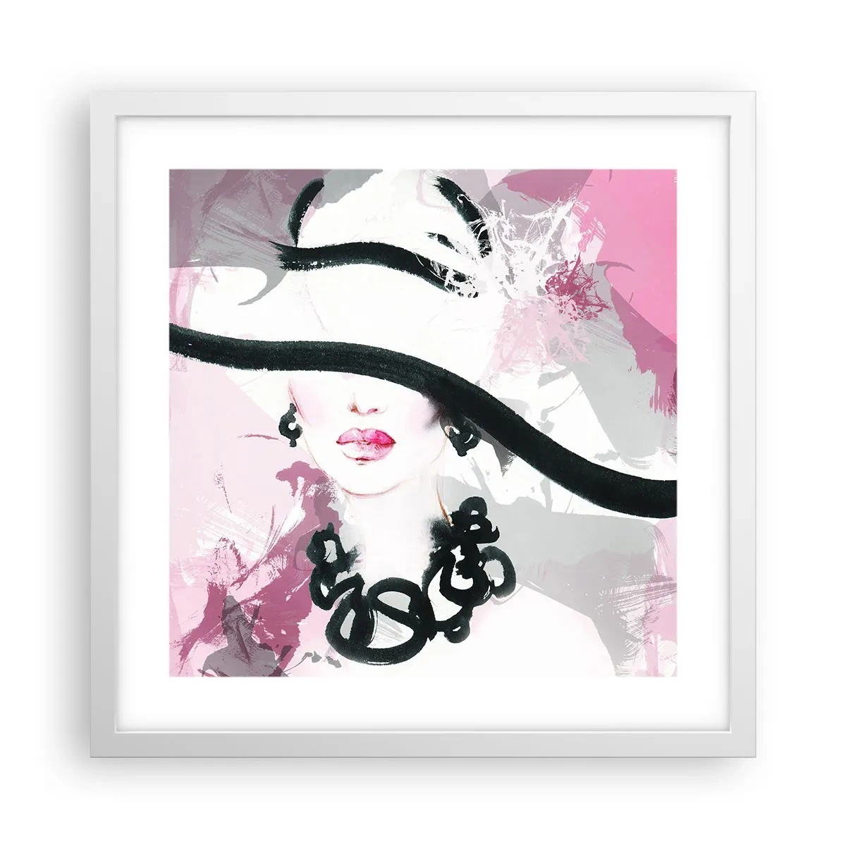 Poster in einem weißen Rahmen - Bildnis einer Dame in Schwarz und Pink - 40x40 cm