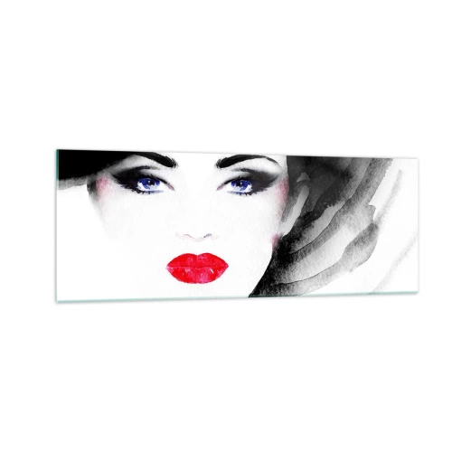 Glasbild - Bild auf glas - Porträt einer Frau mit roten Lippen und intensiven blauen Augen - 140x50cm - Er drückt zurück und ruft an - Moderne Wanddekoration für Wohnzimmer und Schlafzimmer ARTTOR