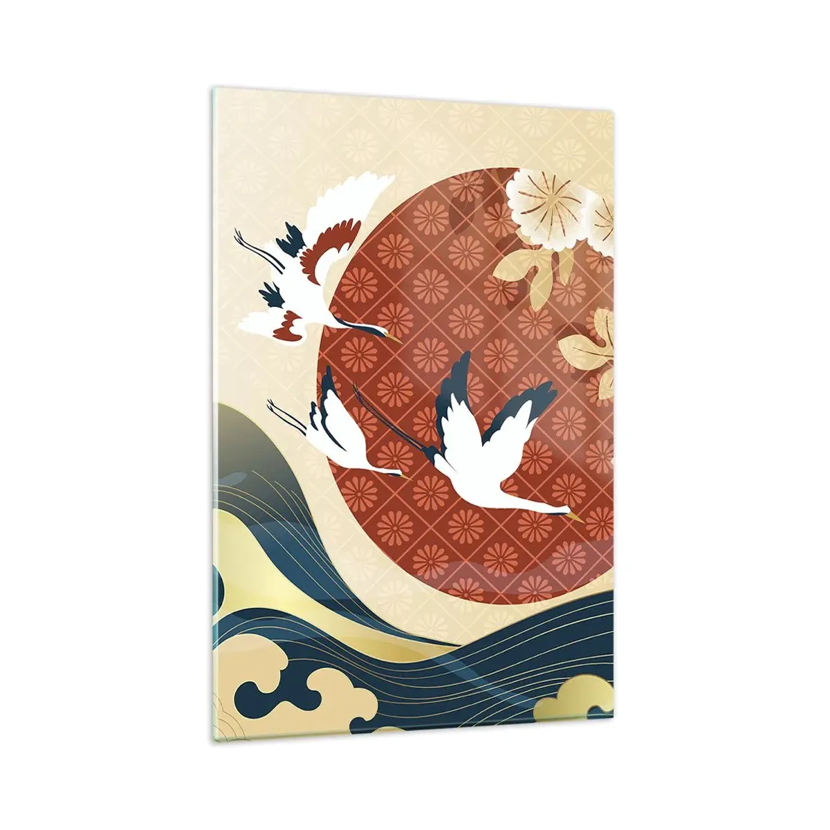 Glasbild - Bild auf glas - Japanische Komposition mit Kranichen und Wellen - 80x120cm - Japanisches Märchen - Moderne Wanddekoration für Wohnzimmer und Schlafzimmer ARTTOR
