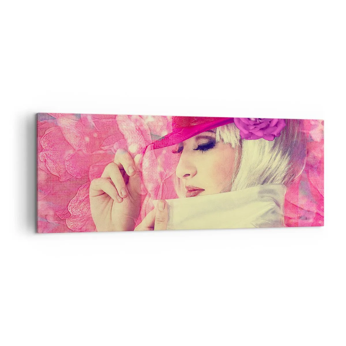 Bild auf Leinwand - Leinwandbild - Stilvolle Frau mit rosa Hut und Blume - 140x50cm - Retro-Porträt in einem rosa Nebel - Moderne Wanddekoration für Wohnzimmer und Schlafzimmer ARTTOR