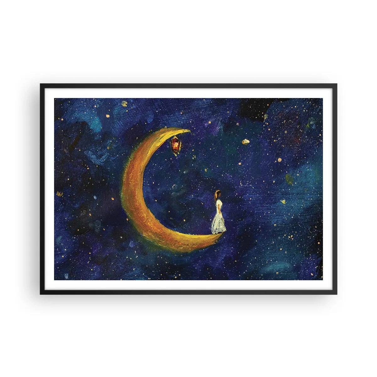 Poster in einem schwarzem Rahmen - Ein Mädchen steht auf dem Mond in einem Sternenhimmel - 100x70cm - Der Ruf der Welt - Moderne Wanddekoration für Wohnzimmer und Schlafzimmer ARTTOR