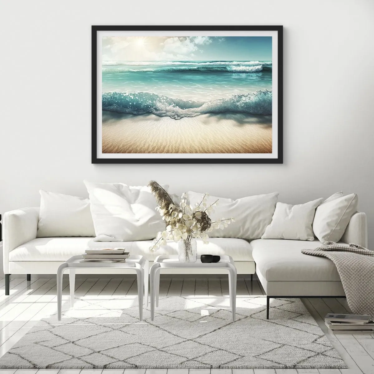 Poster in einem schwarzem Rahmen - Meereswellen an einem hellen Sandstrand - 70x50cm - Frieden des Ozeans - Moderne Wanddekoration für Wohnzimmer und Schlafzimmer ARTTOR