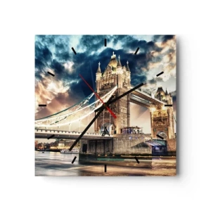 Wanduhr - Glasuhr - Tower Bridge in der Abenddämmerung vor einem dynamischen Himmel - 30x30cm - Denkmal des viktorianischen Imperiums - Moderne Wanddekoration für Wohnzimmer und Schlafzimmer ARTTOR