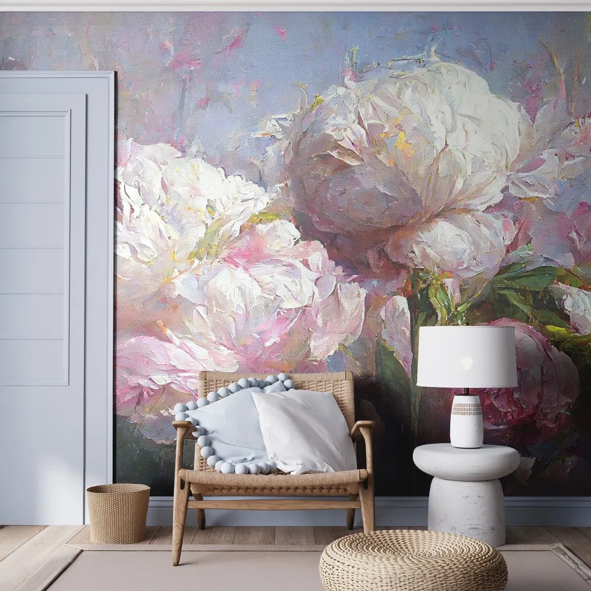 Fototapete Premium Sand - Pastellfarbene Pfingstrosen im malerischen impressionistischen Stil - 100x70cm - Strauß voller Leben - Moderne Wanddekoration für Wohnzimmer und Schlafzimmer ARTTOR